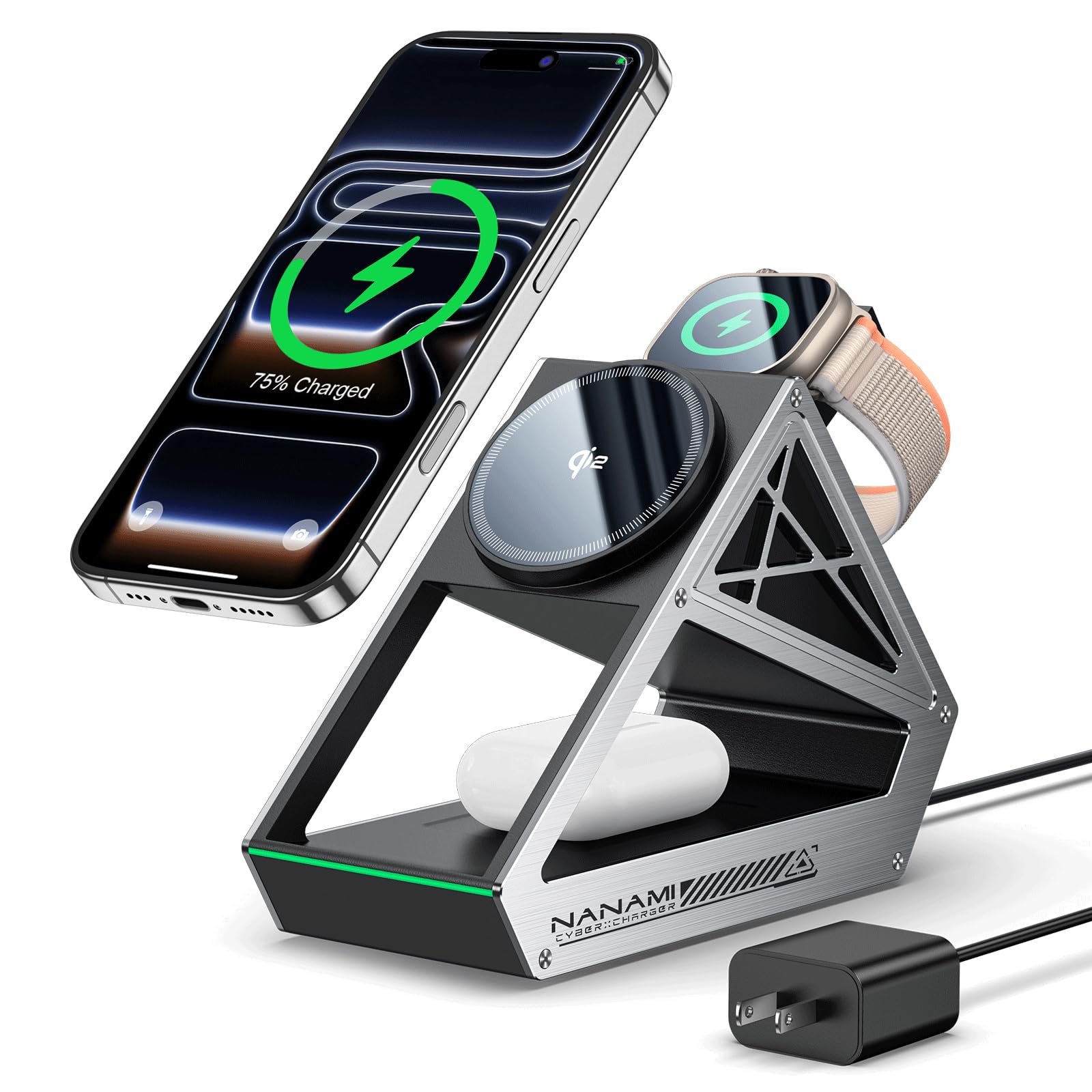 NANAMI Wireless Charging Station for Apple Watch Qi2 Certified 3 in 1 15W Magnetic Wireless Charger Stand for