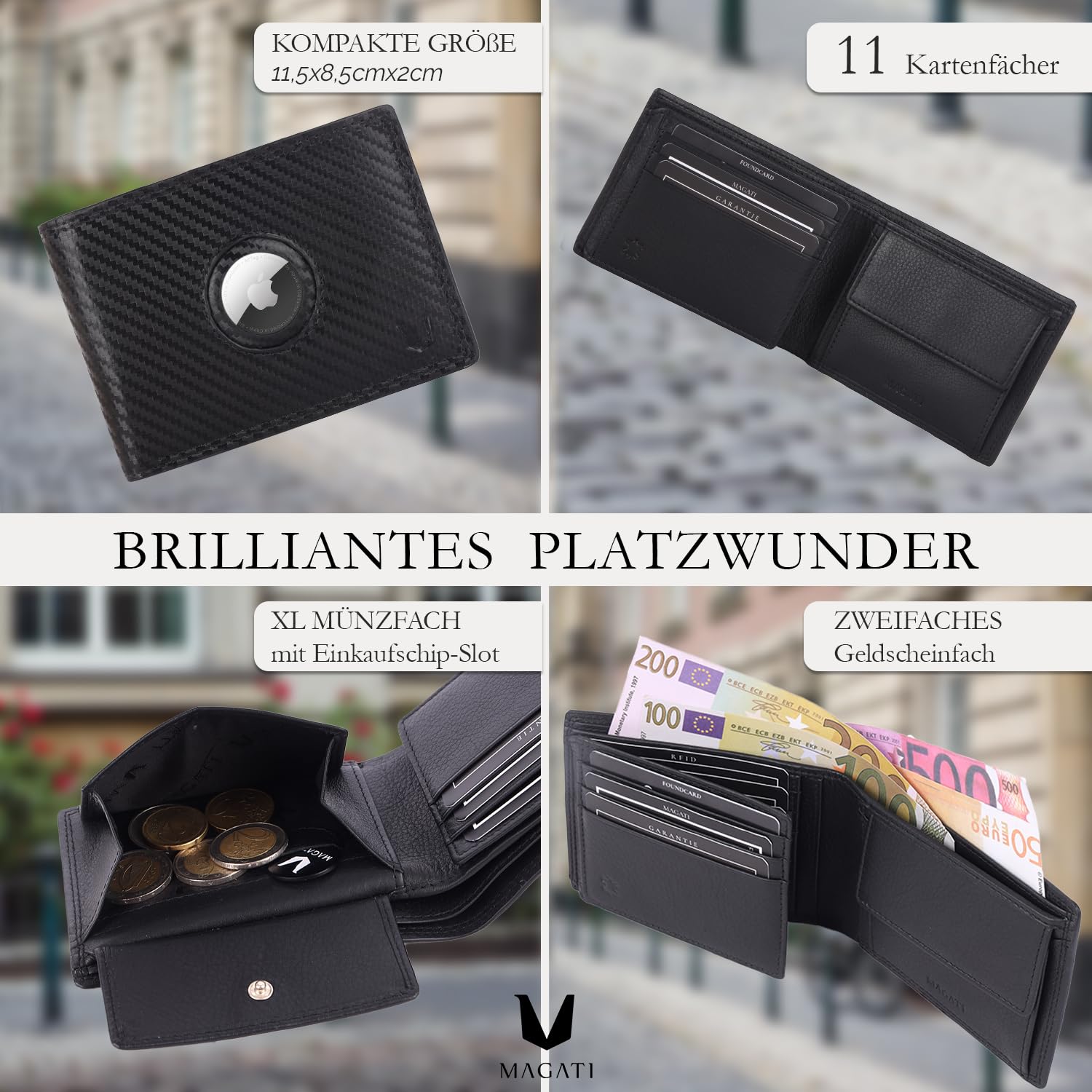 MAGATI IL Toro Portafoglio classico con scomparto per monete, protezione RFID – Mini portafoglio da uomo e da donna piccolo – Porta carte – Porta carte – Porta carte – Portafoglio, nero, Classic