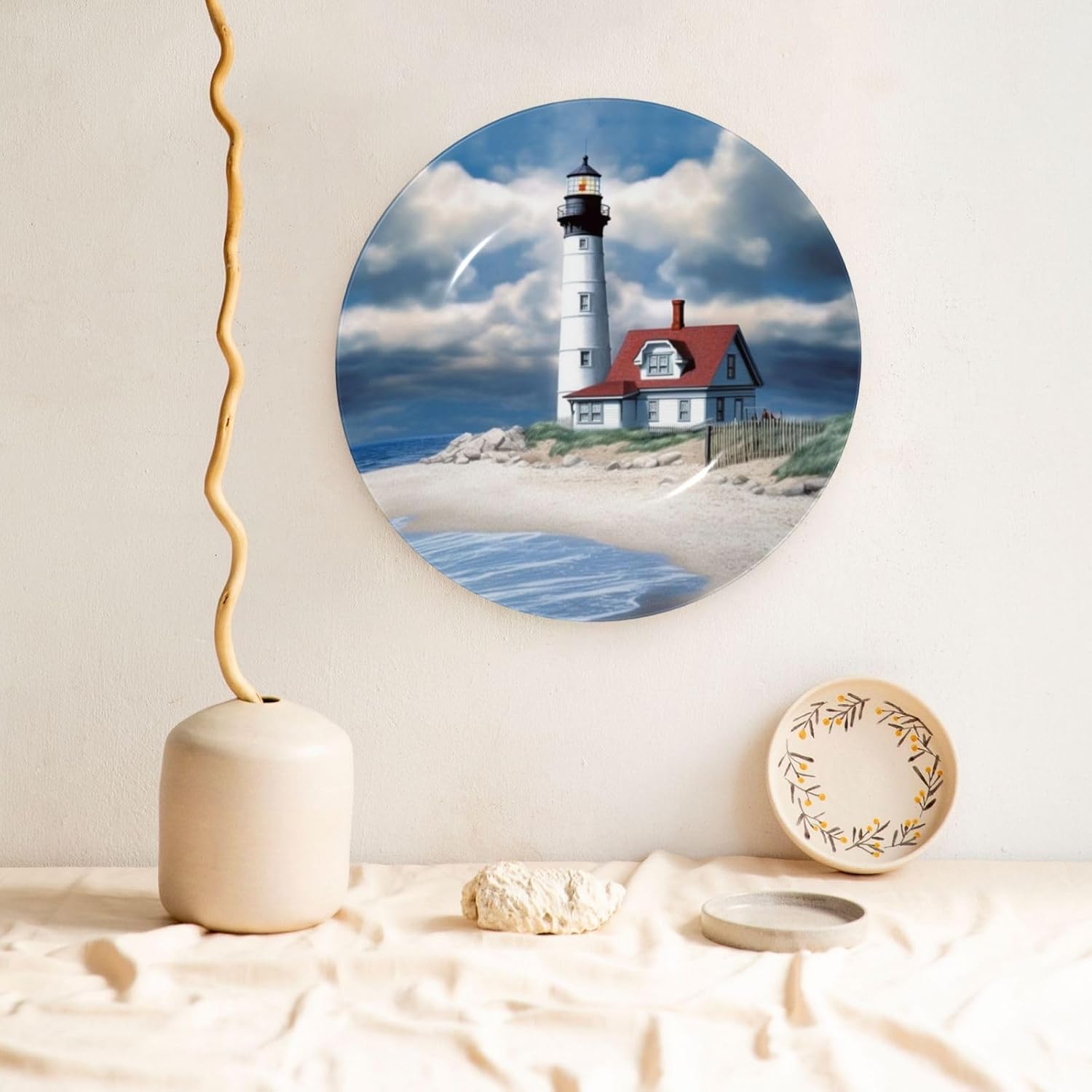 Beach Lighthouse Round Decorative Ceramic Plates with Stand, 7" Hanging Bone China Art Plates for Home Hallway Wall Office Table Decor