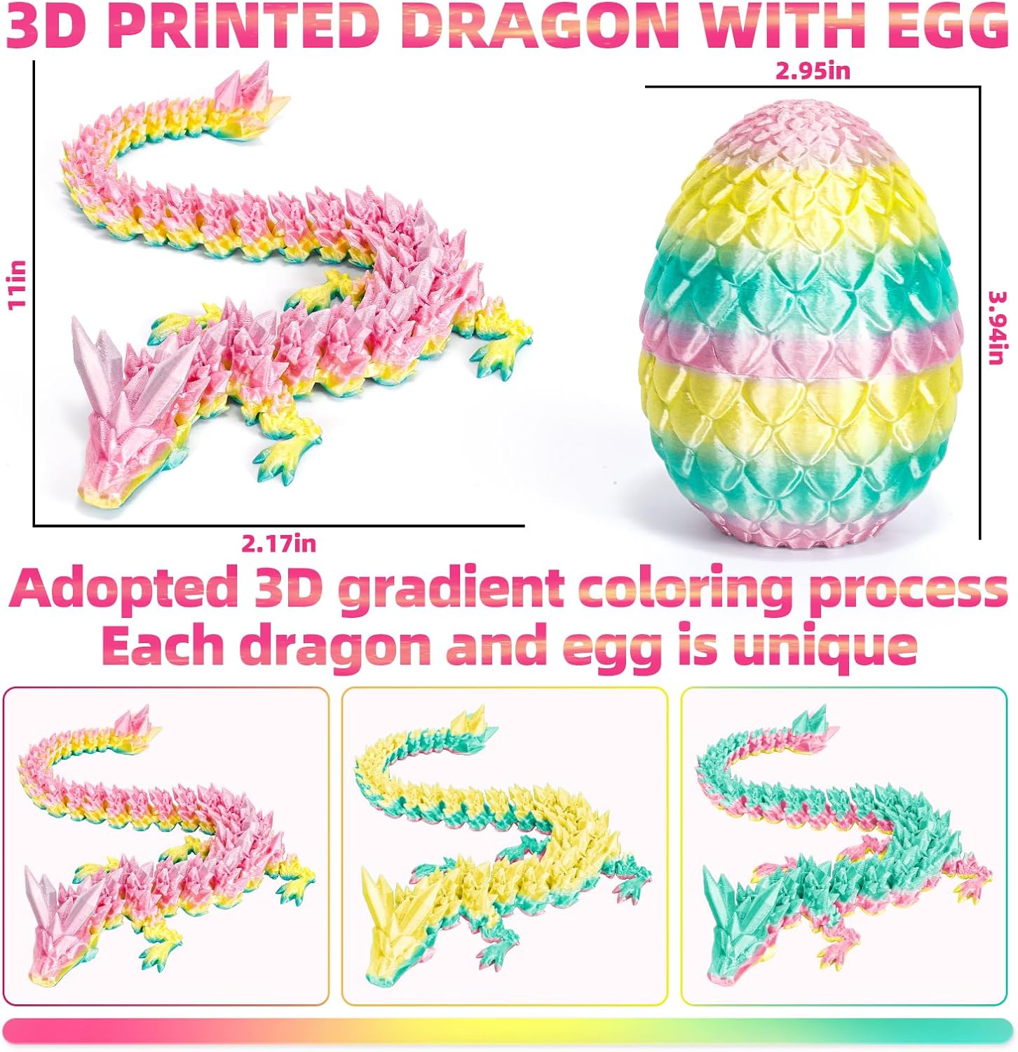 3D Printed Dragon Eggs with Dragon Inside,Articulated Toys,Fidget Toy for Adults Kids,Prefilled Toys for Easter Hunt,Basket Stuffers Filler, Party Favors,Classroom Prize - Rainbow