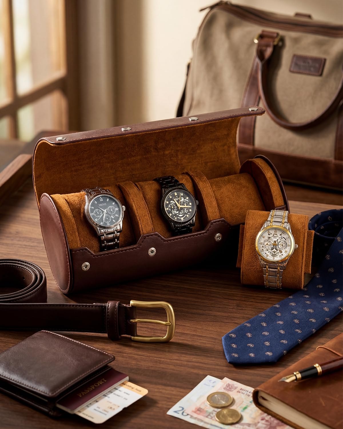 MR.OKAY Estuche De Viaje Para 3 Relojes - Estuche Clásico De Cuero Con Excelente Textura, Rollo Portátil Para Almacenamiento Y Exhibición, Regalo Ideal