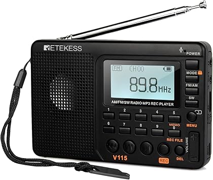 Retekess V115 Shortwave Radio, Digital Radio AM FM, Shortwave Receiver with 1000mAh Rechargeable Battery, Presets, TF/AUX Playback and Recording, Bass Speaker, for Camping