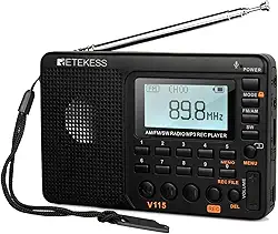 Rádio digital AM FM Retekess V115, rádios portáteis de ondas curtas, sintonizador digital de rádio recarregável e predefinições, suporte para gravação Micro SD e AUX, alto-falante baixo preto