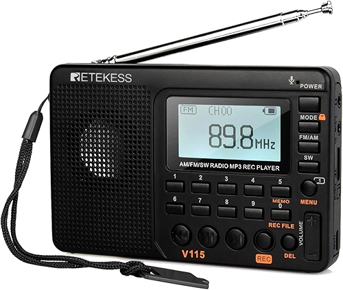 Rádio digital AM FM Retekess V115, rádios portáteis de ondas curtas, sintonizador digital de rádio recarregável e predefinições, suporte para gravação Micro SD e AUX, alto-falante baixo preto