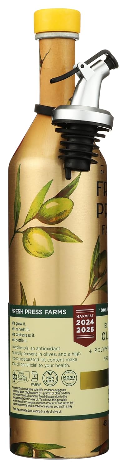 Fresh Press Farms Cold Pressed High Polyphenol Pure Gold Extra Virgin Olive Oil, 16.4 Fl Oz, Georgia Grown, 100% American Made, Unrefined, Certified Whole30, Non-GMO, Keto, Paleo, Gluten Free