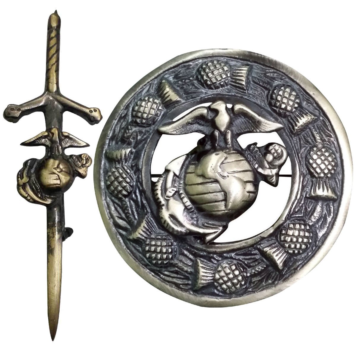 US Kilt Pin and Brooch Badge Set Fly Plaid Antique Finish