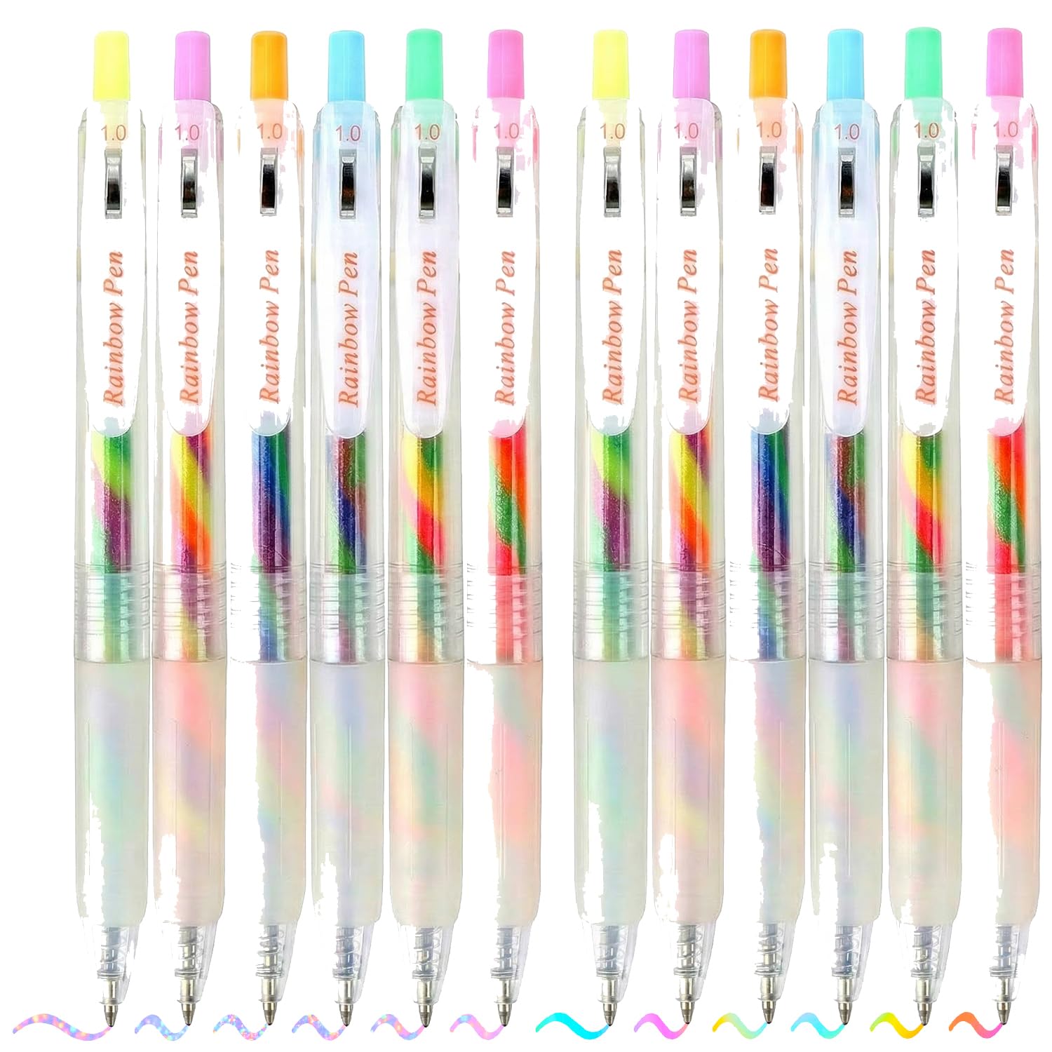 MOTIBACK 12Pcs Rainbow Gel Pens, Retractable Color Changing Gel Pens with 1.0mm Tip, Multi Color Glitter Fluorescent Ink Pens for Journaling Scrapbooking Drawing Colouring DIY Crafts