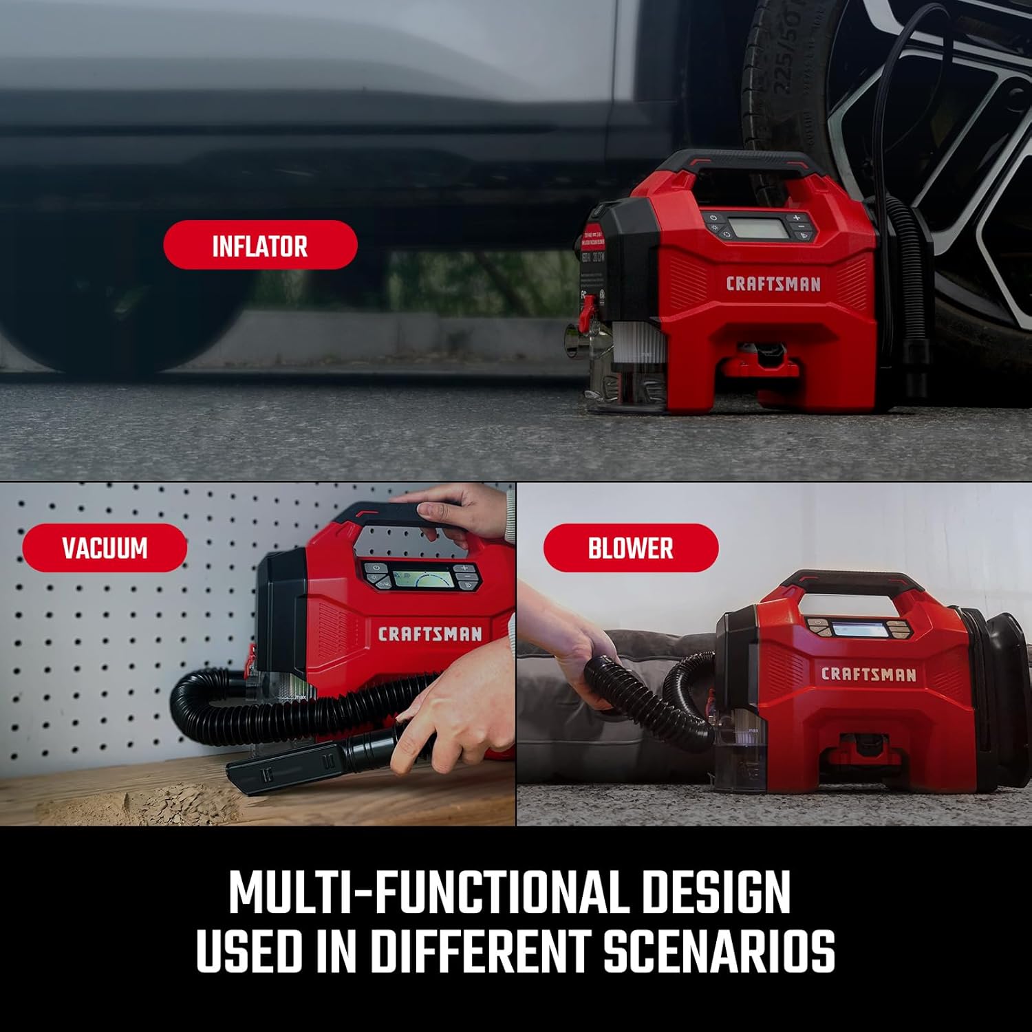 CRAFTSMAN Inflator/Vacuum/Blower 3-IN-1,Tire Inflator Portable Air Compressor with LED Light,Quiet Car Vacuum or Blower, 160 PSI for Car RV Truck,12V DC Corded and 20V DC Cordless,Tool Only - Image 3