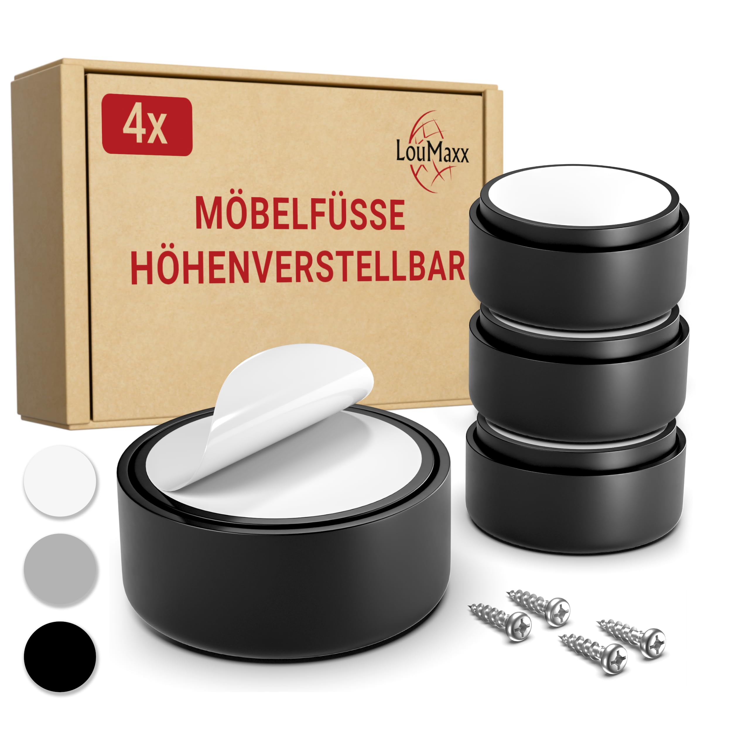 LouMaxx Möbelfüße höhenverstellbar– Füße für Möbel Ø 53,5 mm aus Kunststoff – Hochwertige Möbelerhöhung zum Kleben oder Schrauben – 4er Set Gleitfüße in Schwarz inkl. Montagematerial