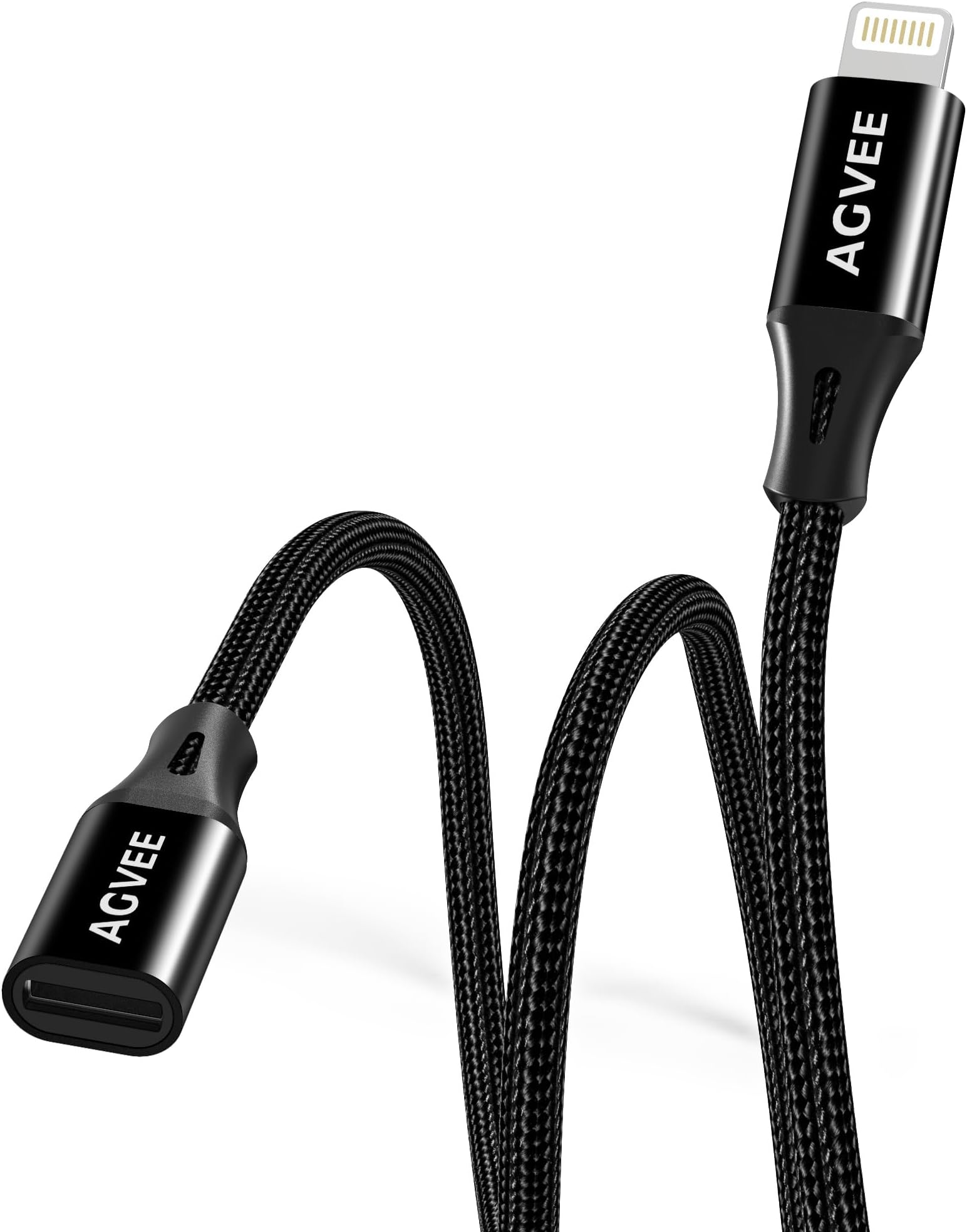 1ft Lightning Extension Cable, Braided Female to Male Extender Full Function Cord Compatible with iPhone iPad, Data Sync Video Audio & Charging Connector Adapter, Black