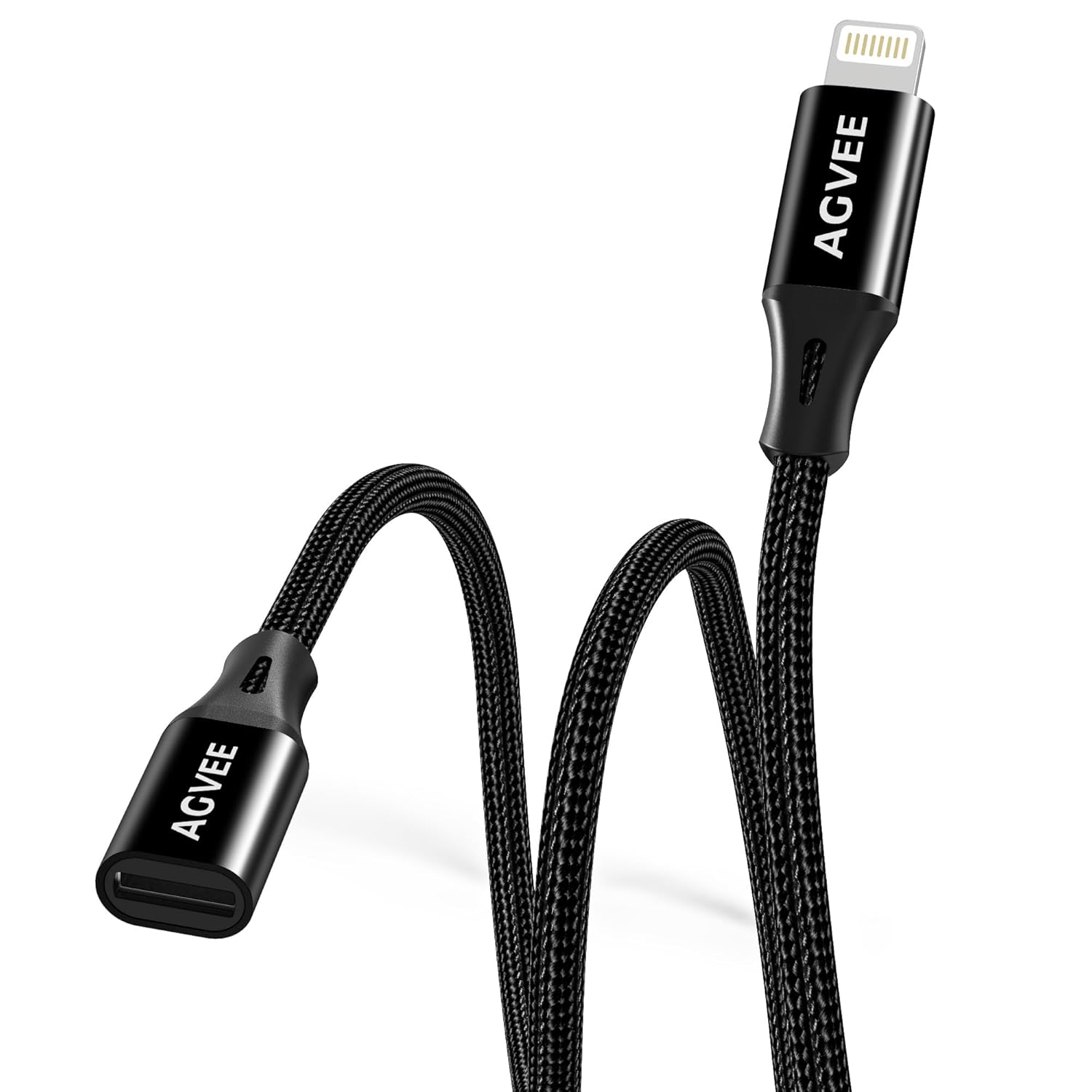 AGVEE [6.6ft Lightning Extension Cable Braided Female to Male Extender Cord for iPhone iPad Charger, Data Sync Video Audio & Charging Connector Adapter, Black 6.6ft Black