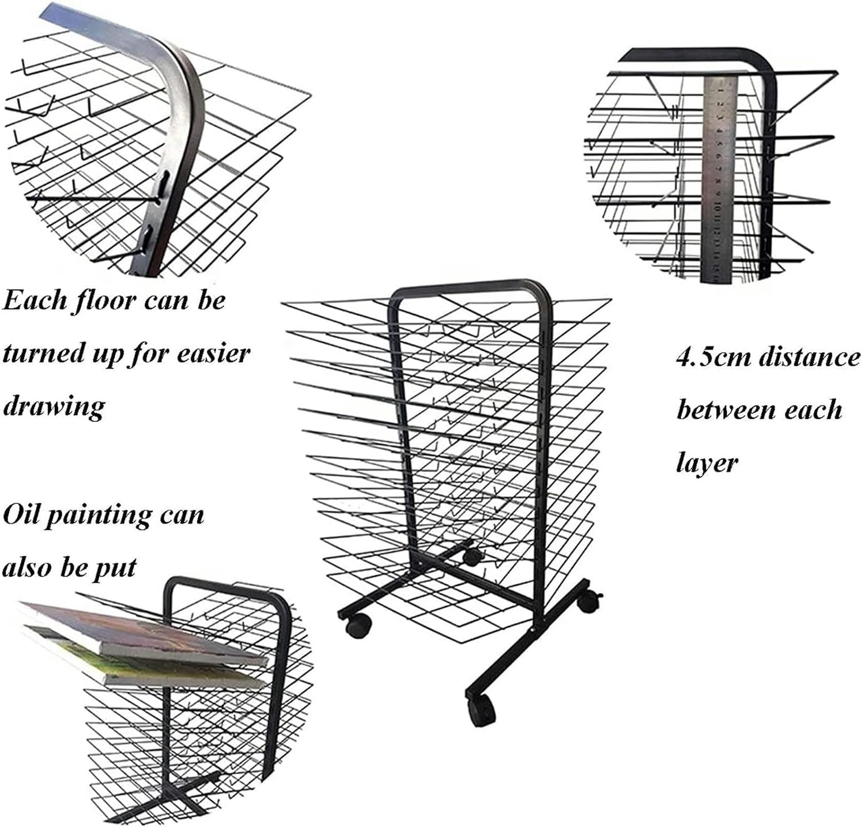 Stendino per Quadri, Stendino Mobile per Pittura, Ripiani Rimovibili, Porta Tele per riporre Quadri, Stendino per Pittura con Ruote, Scaffale per Pittura, Disegni