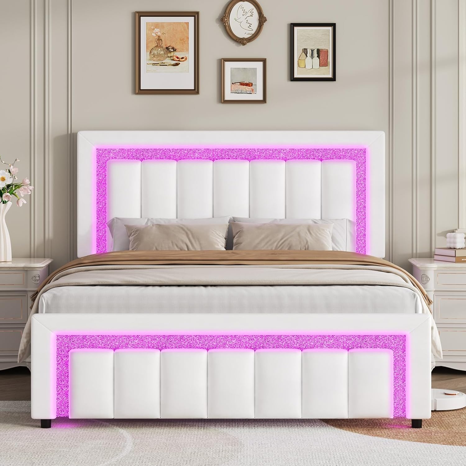 HOMBCK Full Bed Frame with LED Lights and Velvet Upholstered Headboard, Bed Frame Full Size with Modern Diamond Headboard Adjustable, Wooden Slats Support, Noise Free, No Box Spring Needed, White