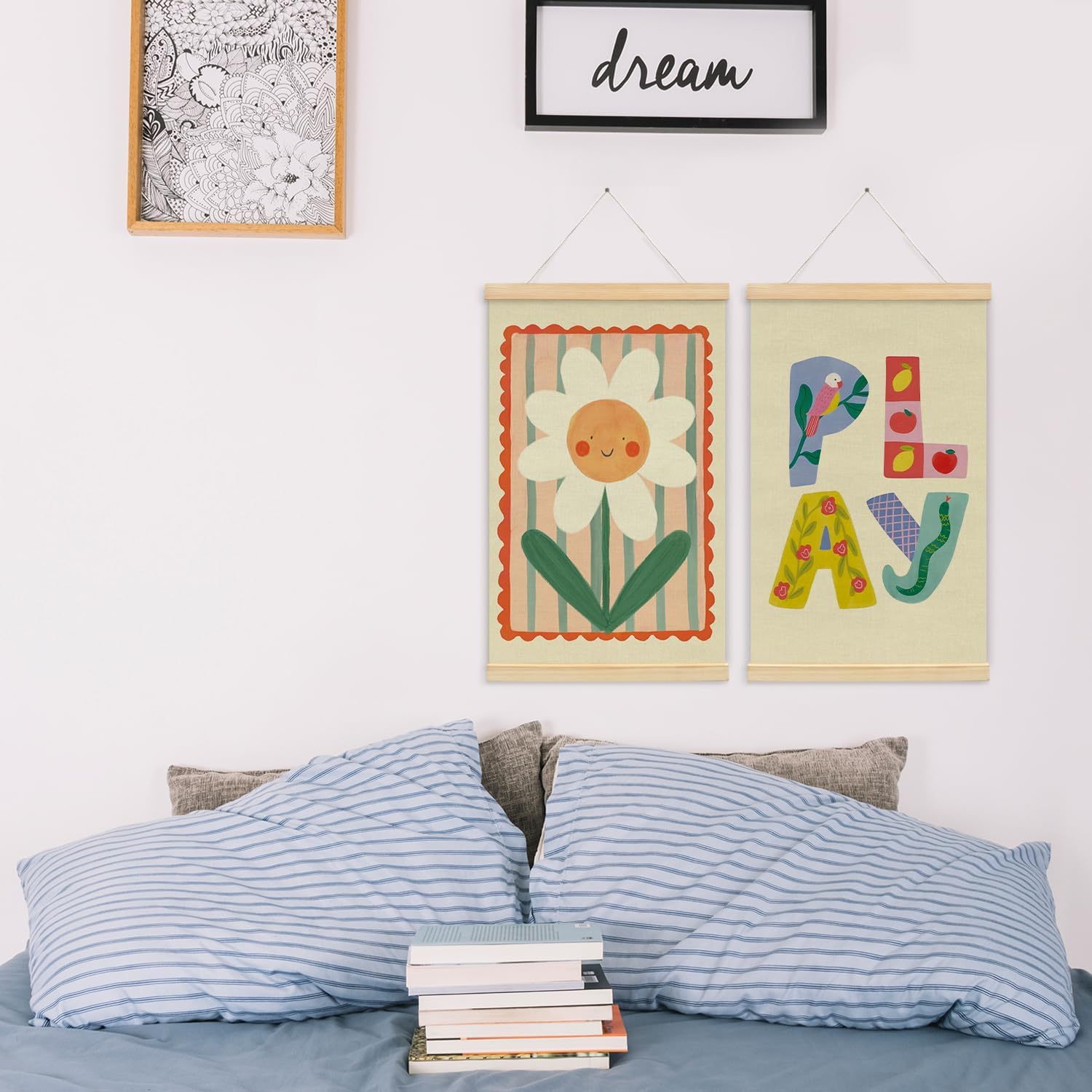 NaZaUK Playroom Wall Decor, Boho Kids Girl Nursery Wall Art, Playroom Calming Corner Classroom Counseling Office Poster Hanger Frame, Play Poster for Kids Bedroom, 16x24 Inch, Set of 2