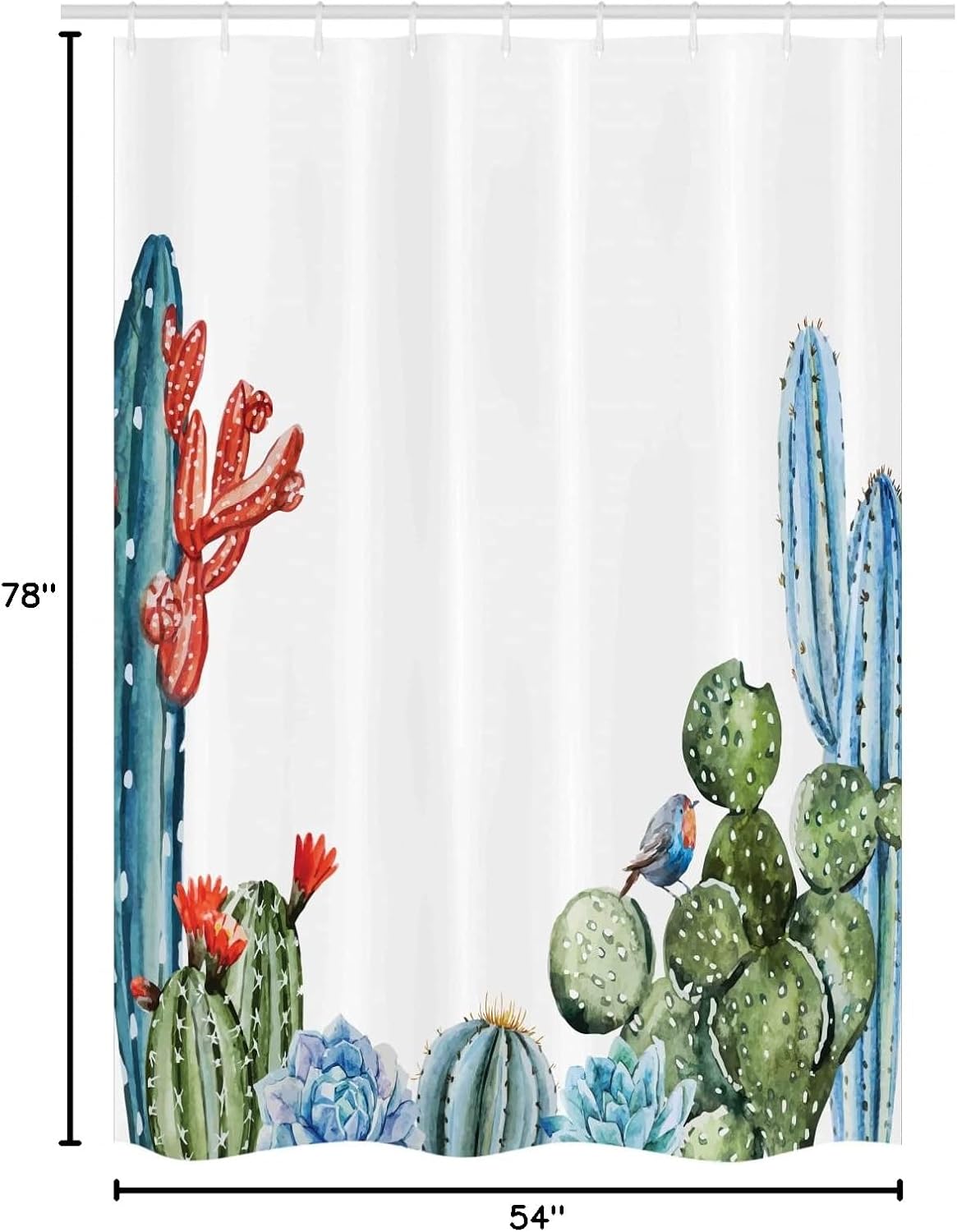 Ambesonne Cactus Stall Shower Curtain, Cacti Spikes Flowers Birds Cartoon Style Vintage Like Colored Art, Fabric Bathroom Decor Set with Hooks, 54" W x 78" L, Green and Blue