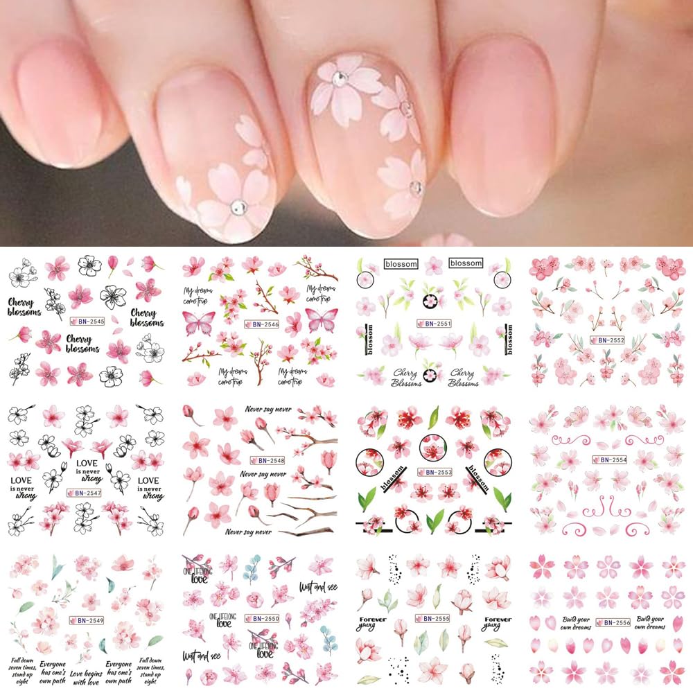 S.A.V.I 12 Sheets Cherry Blossom Nail Art Decals | Floral & Butterfly Design Stickers | Easy-to-Use, Long-Lasting DIY Manicure | Salon Quality Nail Accessories for All-image-46