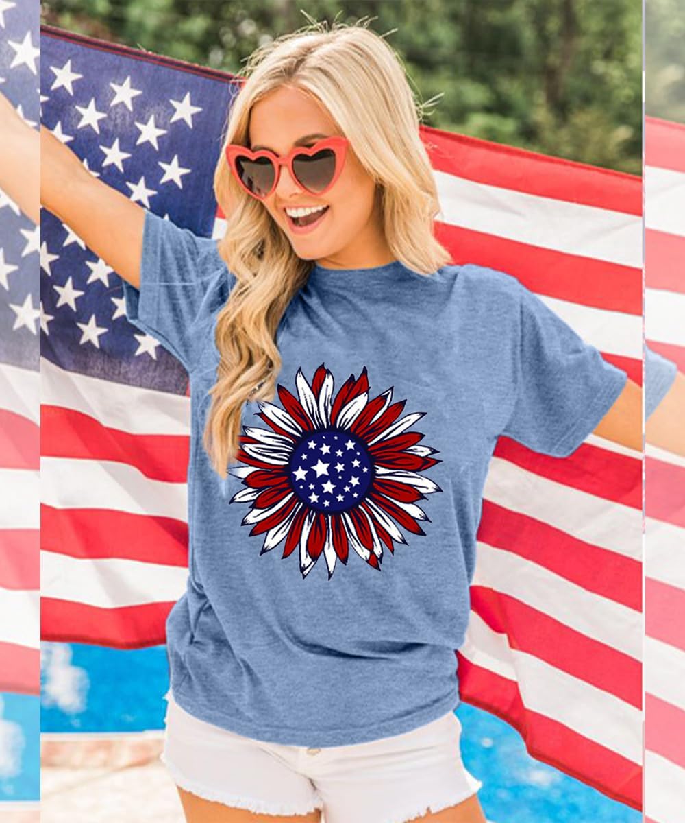 ZWSYXL American Flag Sunflower Shirts Women 4th of July Graphic Tees Patriotic T-Shirts USA Flag Star Stripe Tops - Image 6