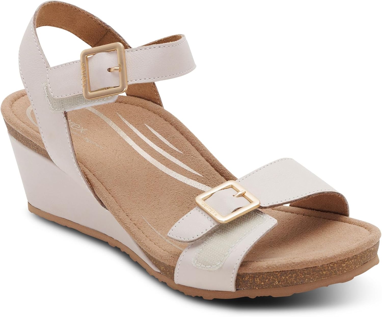 Aetrex Women Naomi Orthopedic Wedge Sandal Arch Support Adjustable Leather Platform Heel Cushioned Footbed Pain Relief Comfort Walking Shoes Off White Stable Fit