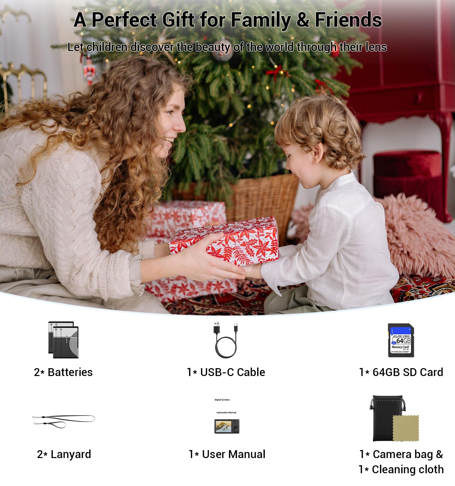 Cámara digital, cámara FHD 4K para niños de 44 MP con tarjeta SD de 64 GB, 2 baterías, enfoque automático, zoom digital de 16X, compacta, portátil, apunta y dispara, cámaras digitales pequeñas vintage