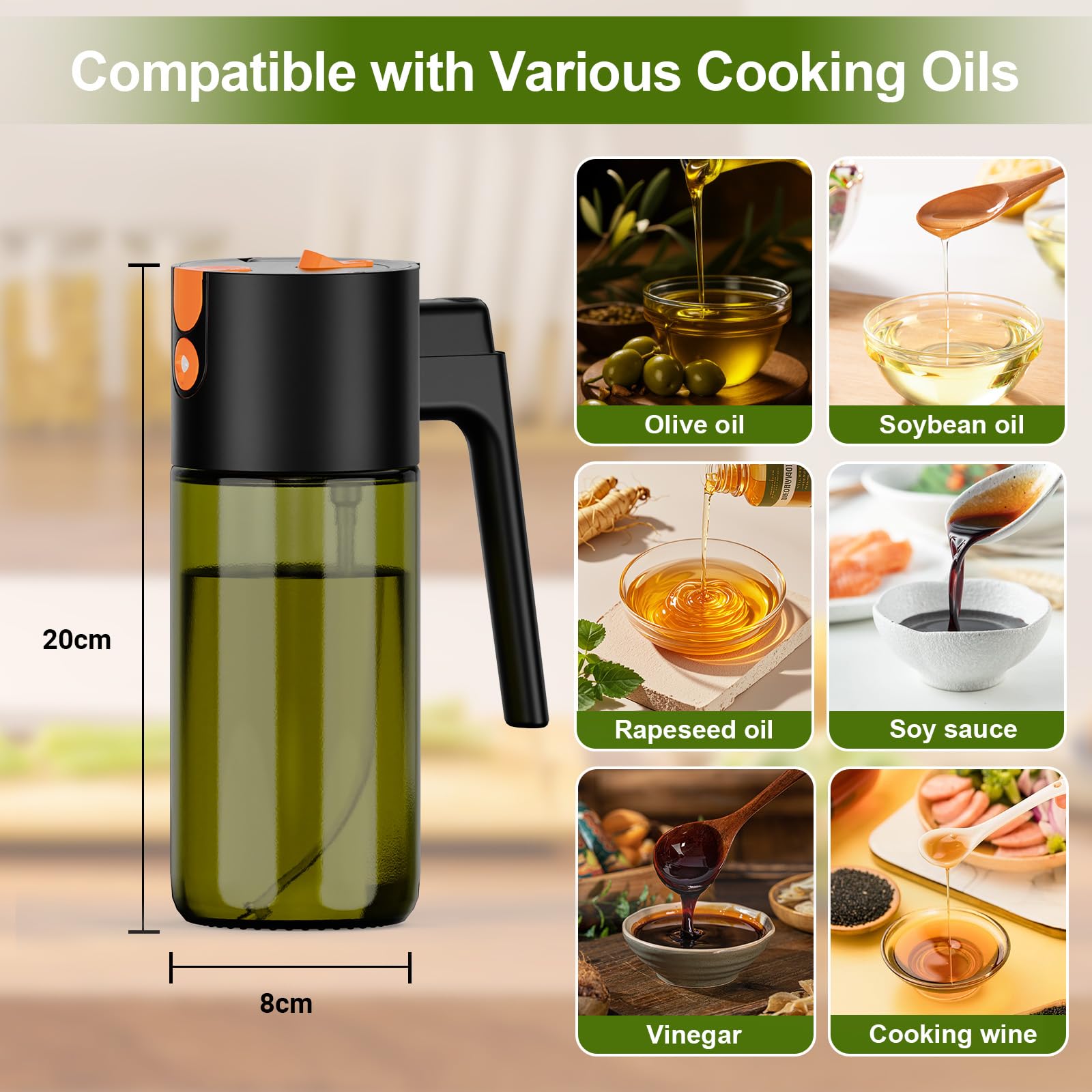 Euqvunn Spruzzino Olio 500 ml, 2-in-1 Spray & Versatore, Vetro Blocca Luce, Oliera Spray Ricaricabile per Cucina, Friggitrice ad Aria, Insalata e Grigliate, con Pennello (Nero)