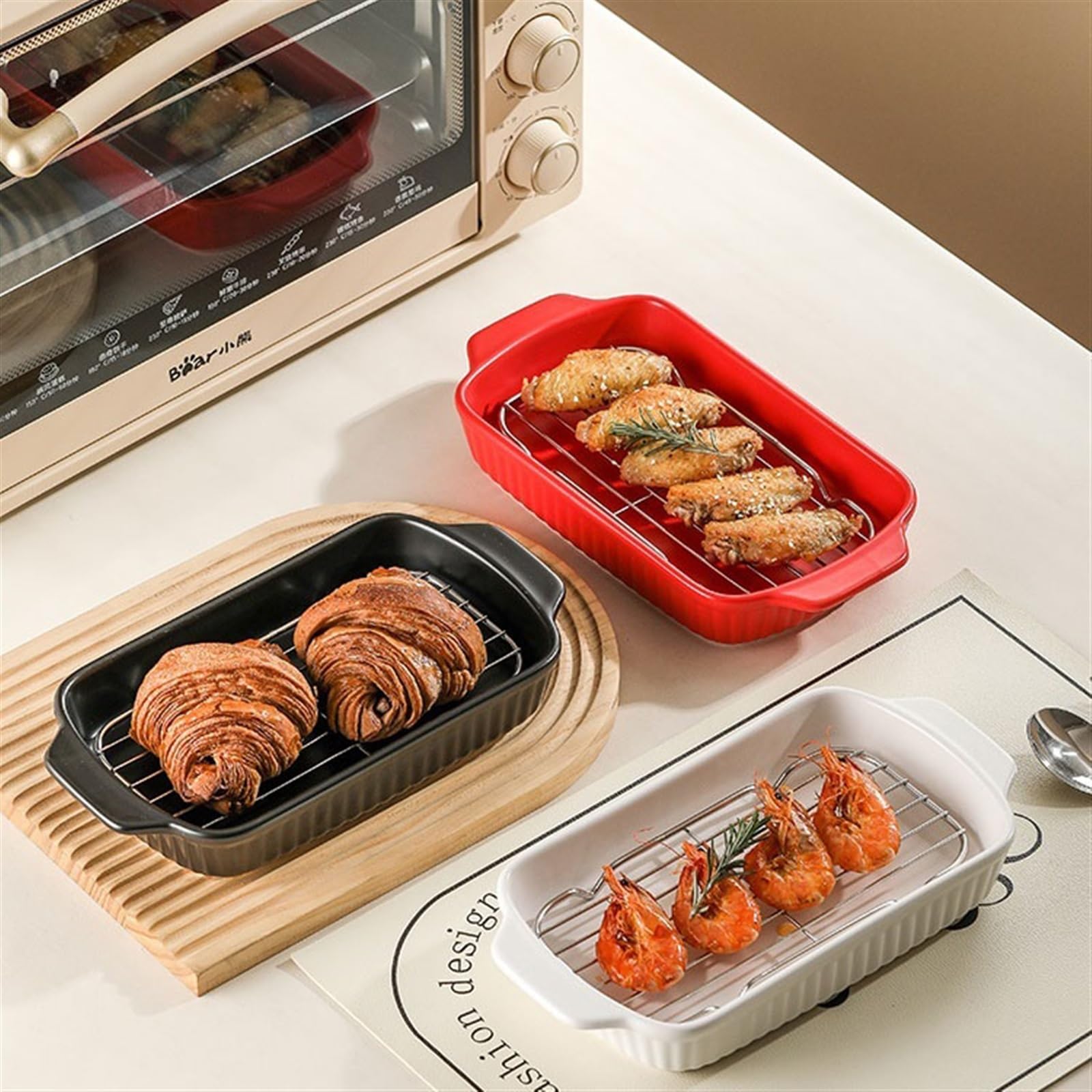 Auflaufform Keramik-Grillpfanne for den Haushalt mit Ölablaufnetz, Doppel-Ofen-Backform, hochwertige Reispfanne, kann als Dampfpfanne im Ofen verwendet werden Backform(Schwarz)