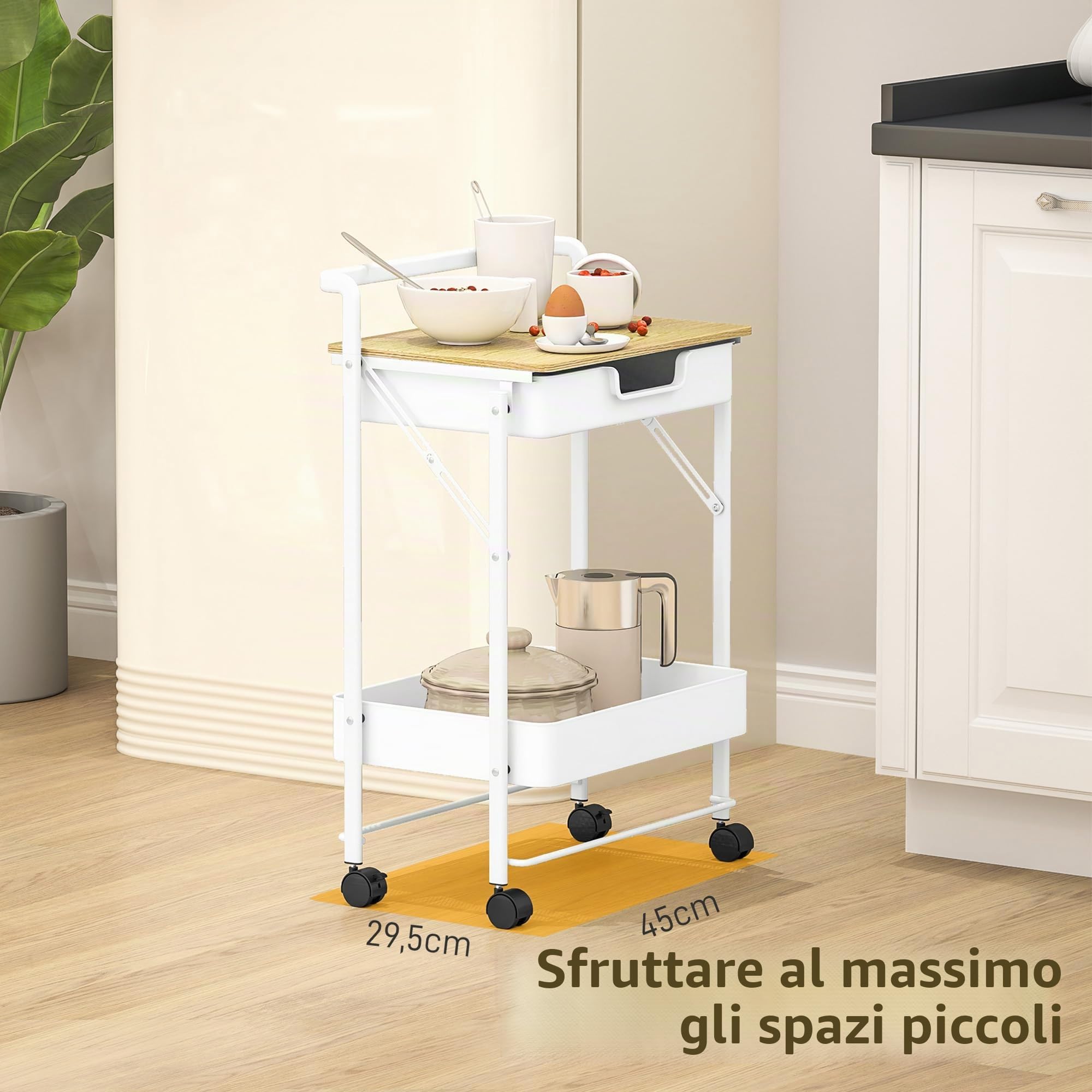 HOMCOM Carrello portautensili su ruote 2 ripiani 1 cestello Bianco