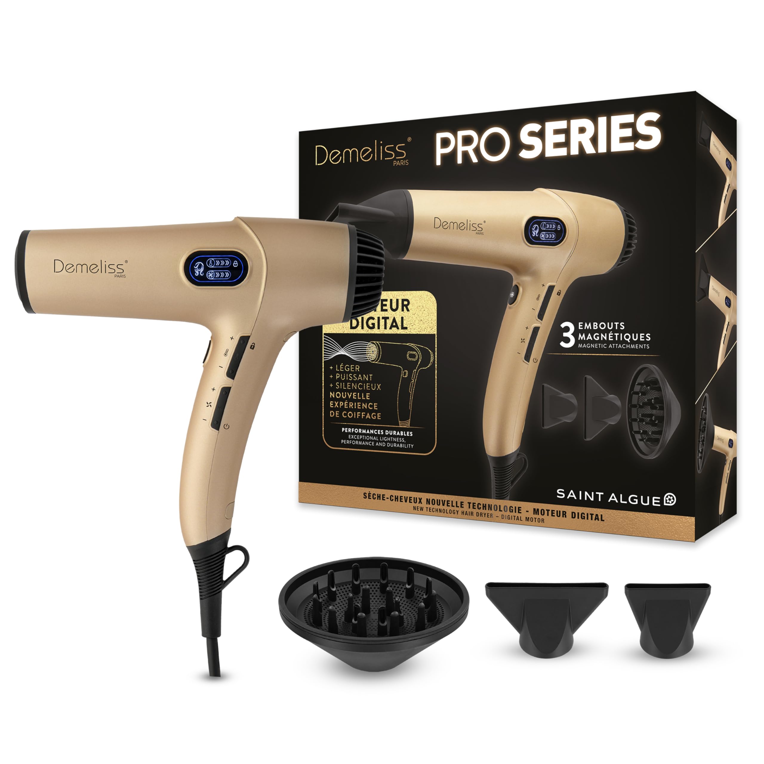 Asciugacapelli Demeliss SAINT ALGUE PRO SERIES - Motore Digitale BLDC - Leggero, Compatto, Silenzioso, Ultra Potente - 3 Accessori Magnetici - Design Ergonomico, Funzione Ionica