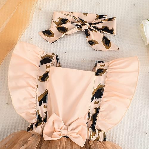 Miniatura 3 de Vestido de malla para bebés y niñas pequeñas estampado de leopardo manga con volantes falda con lazo 2 piezas
