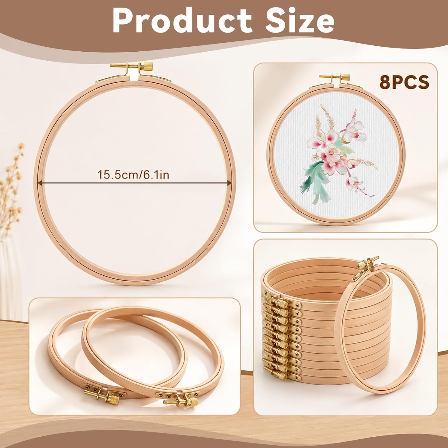8 Pcs 6" Beech Wood Embroidery Hoops, Cross Stitch Hoops Ring, Wood Circle Needlework Hoop, Small Cross Stitch Frame for Art Craft Sewing DIY Decoration