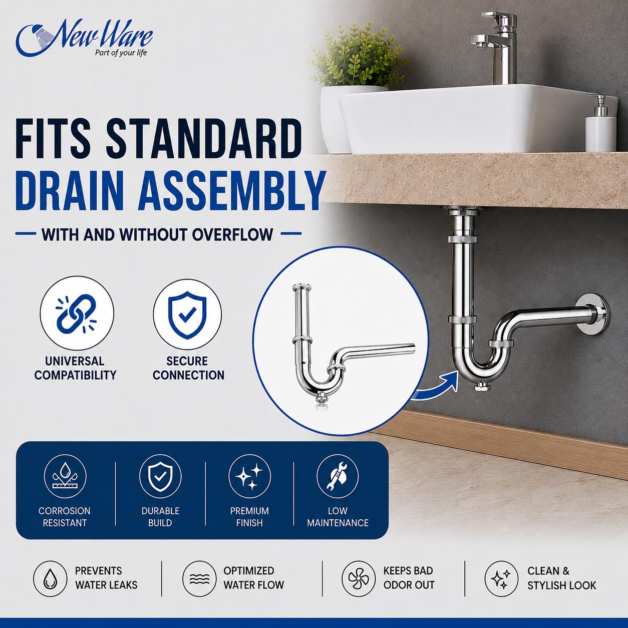 NEW WARE® Bottle Trap P Trap Type CP Chrome Plated for Bathroom & Kitchen Sink Drain | Waste Water Pipe Trap with Odor Blocking Design | Durable Plumbing Fitting for Wash Basin Sink Drainage Use 1