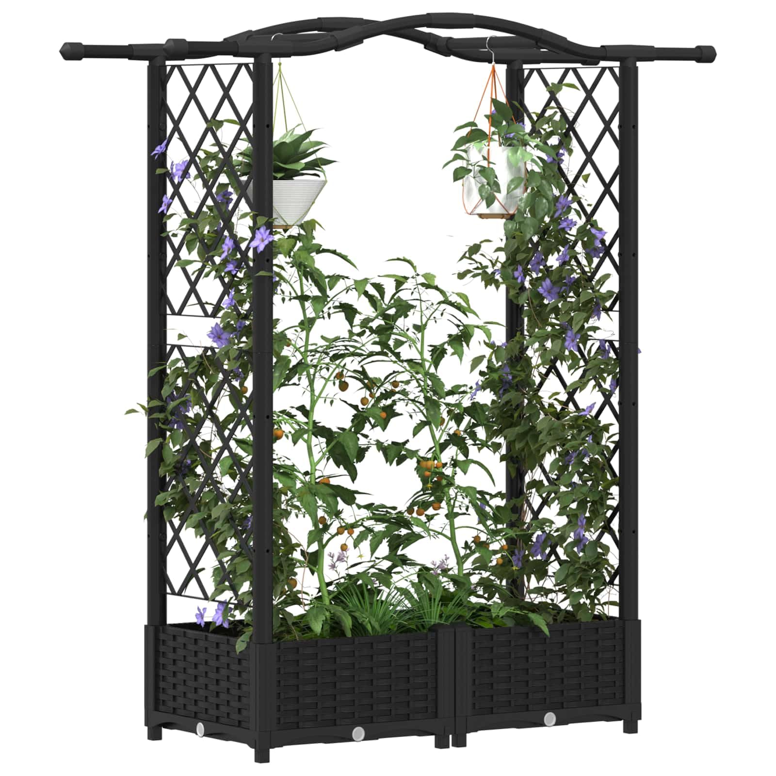 Podwyższona grządka z kratką dla roślin pnących i dachem, wykonana z polipropylenu, czarna, 124 x 40 x 123 cm, na balkon, taras, do ogrodu, naczynie ze zbiornikiem wody i otworem odpływowym