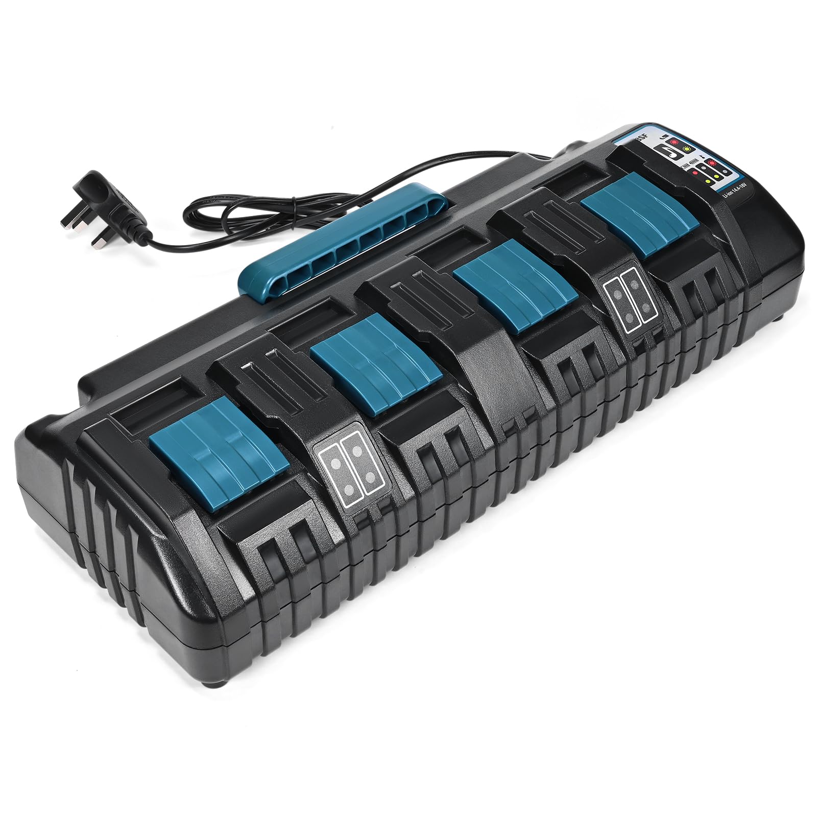 Four-Port Battery Charger Compatible with Makita,Dual USB Ports Fast Charging 14.4V-18V Lithium Batteries Smart LED Indicator Wall-Mountable Design Equipped with Dust Cover