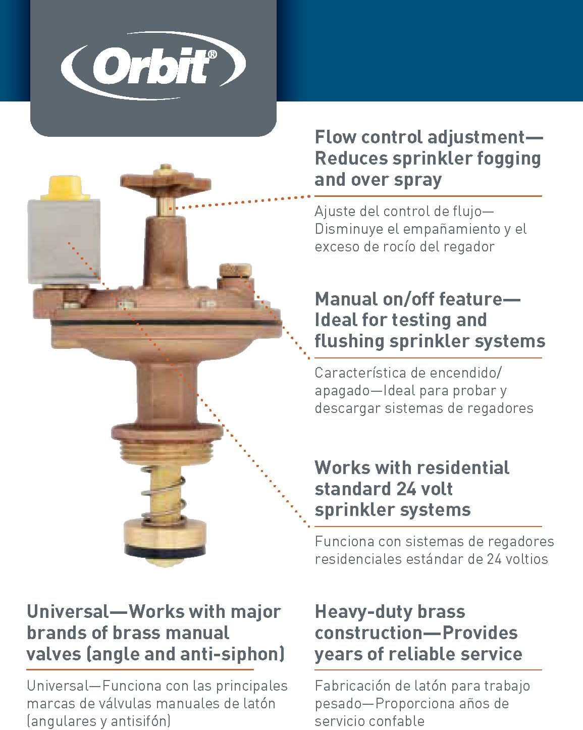 Orbit 57034 valve with callouts for flow control and manual on/off