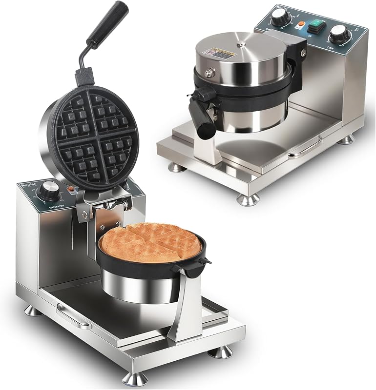 Máquina para hacer gofres belga Lieja comercial de 110 V y 1300 W, máquina croffle giratoria con control de temperatura de 122-572 ℉, temporizador de 0-5 minutos, gofrera antiadherente de φ7 "X1.2" de espesor