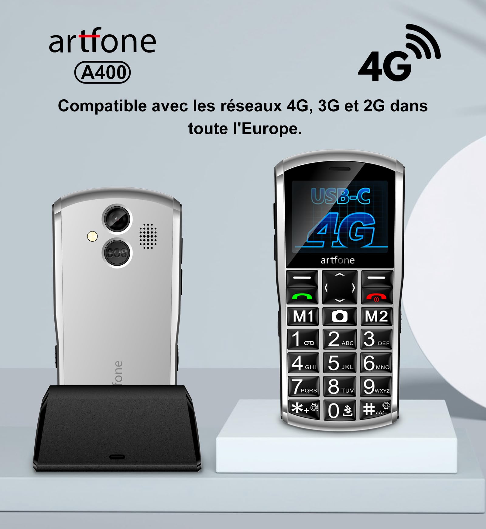 Artfone A400 Téléphone Senior 4G - Grosses Touches, Double SIM, Appareil Photo