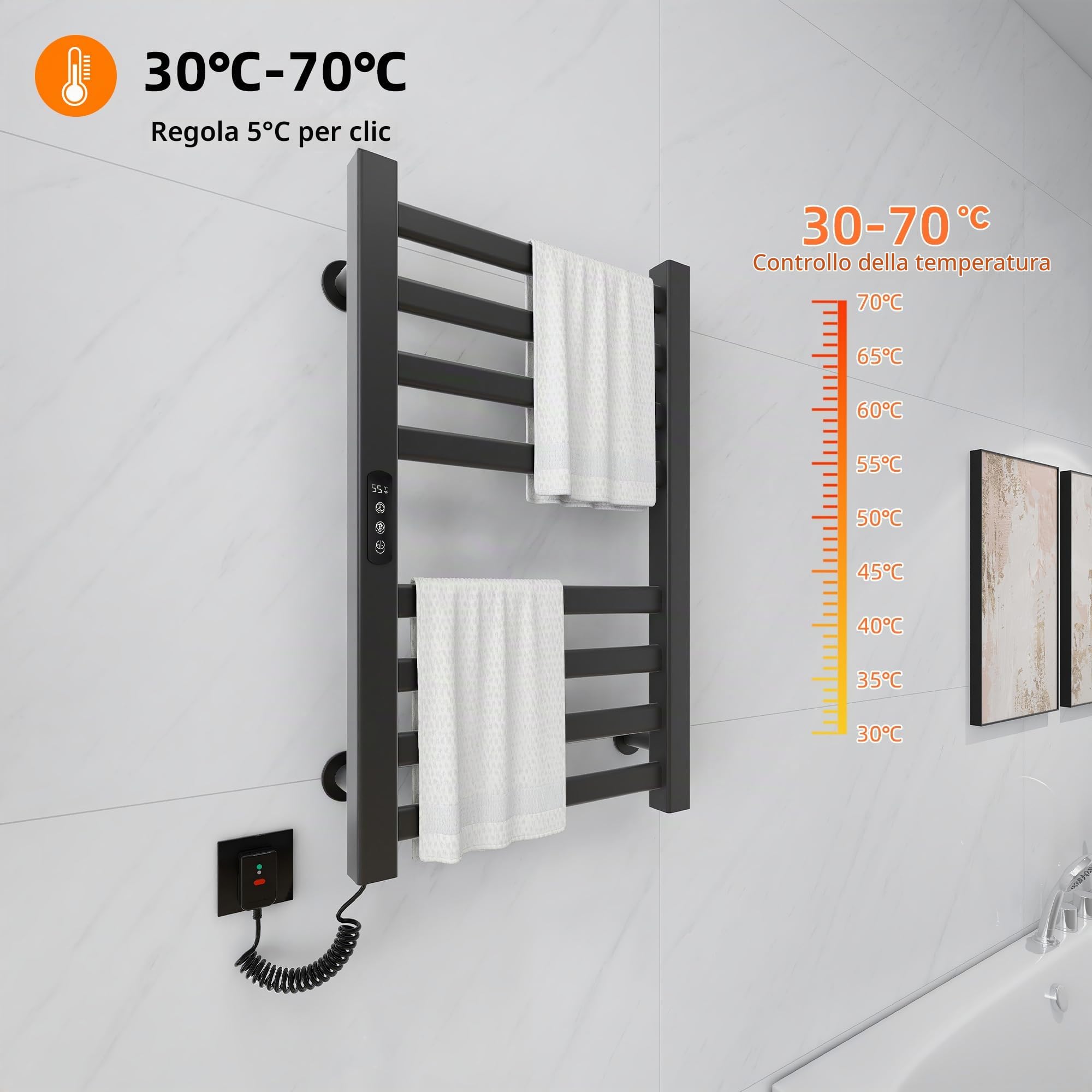 Portasciugamani Elettrico 450x700mm Scaldasalviette Radiatore da Bagno Elettrico Portasciugamani intelligente Termosifone Asciugabiancheria, riscaldamento in fibra di carbonio, antracite-Black Left