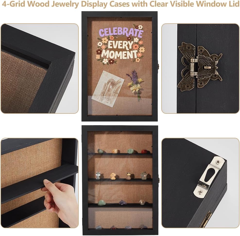 UNICRAFTALE 1Pc Black Wooden Display Shadow Box with Clear Lid