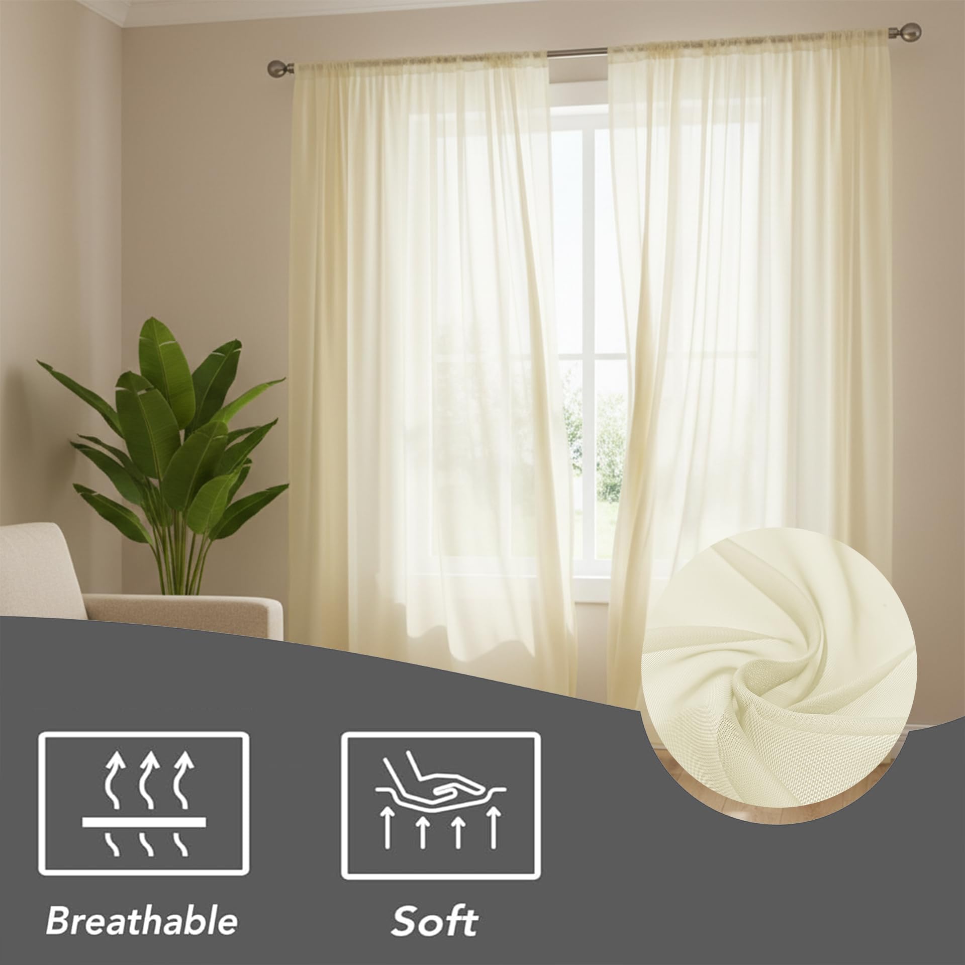 Rideaux Transparents 180 x 240 cm Filtrer Souple Couleur Pure Rideau Court Transparent Décoration Moderne Lavables pour Chambre Salon Salle à Manger Cour, Beige
