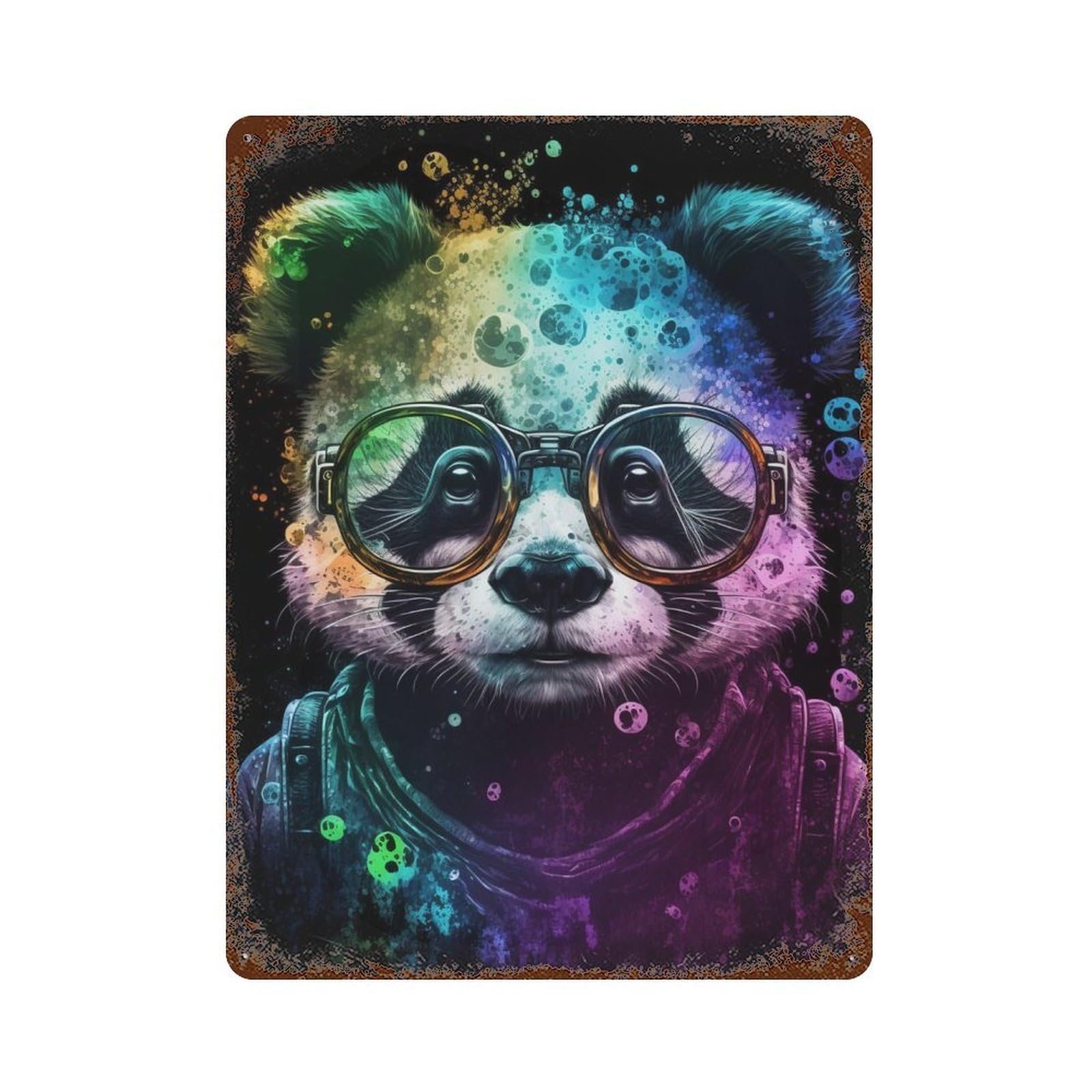 Vintage Rust Metal Sign with Colorful Panda Art Print -1 Design 15.7"x11.8", for Shed, Workshop And Garage Wall Decor, Retro Wall Decor