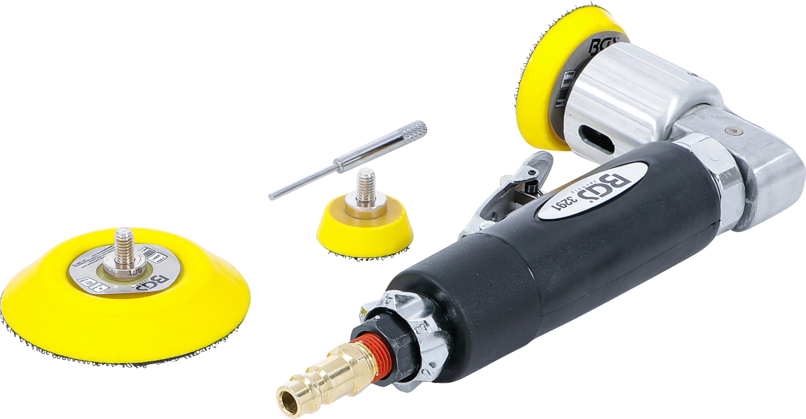 BGS 3291 | Lijadora / pulidora angular excéntrica neumática | M6 x 1,0 vástago | máx. 14000 rpm ajustable | presión de funcionamiento 6,2 bar | consumo de aire Ø 122 l/min