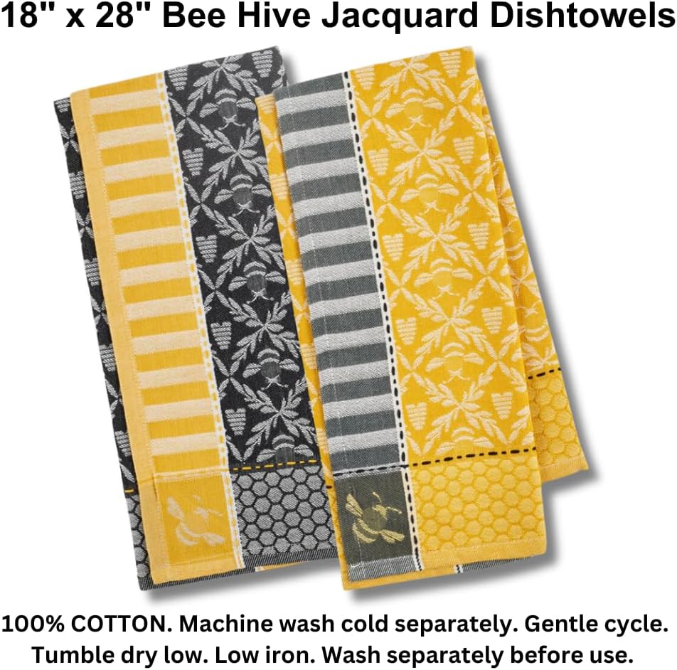 Honey Bee Kitchen Decor Set with 18" x 28" Cotton Jacquard Dish Towels, 8" Microwave Bowl Cozies, and Bee Happy Citrus Scented Sachet Packet, 5 Pieces