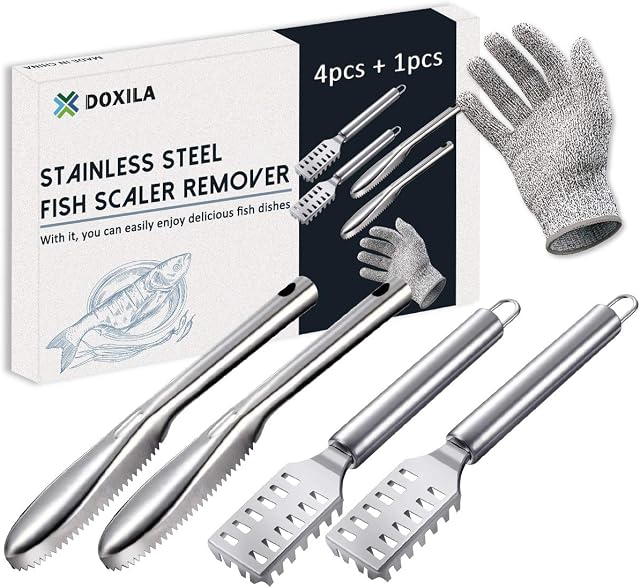 DOXILA Fish Scale Remover, 4PCS Stainless Steel Fish Scale Cleaner Scraper with Glove, Saw Tooth Fish Cleaning Brush Peeling Descaler Kit, Kitchen Cooking Prepare Tools, Easier & Faster Scaling