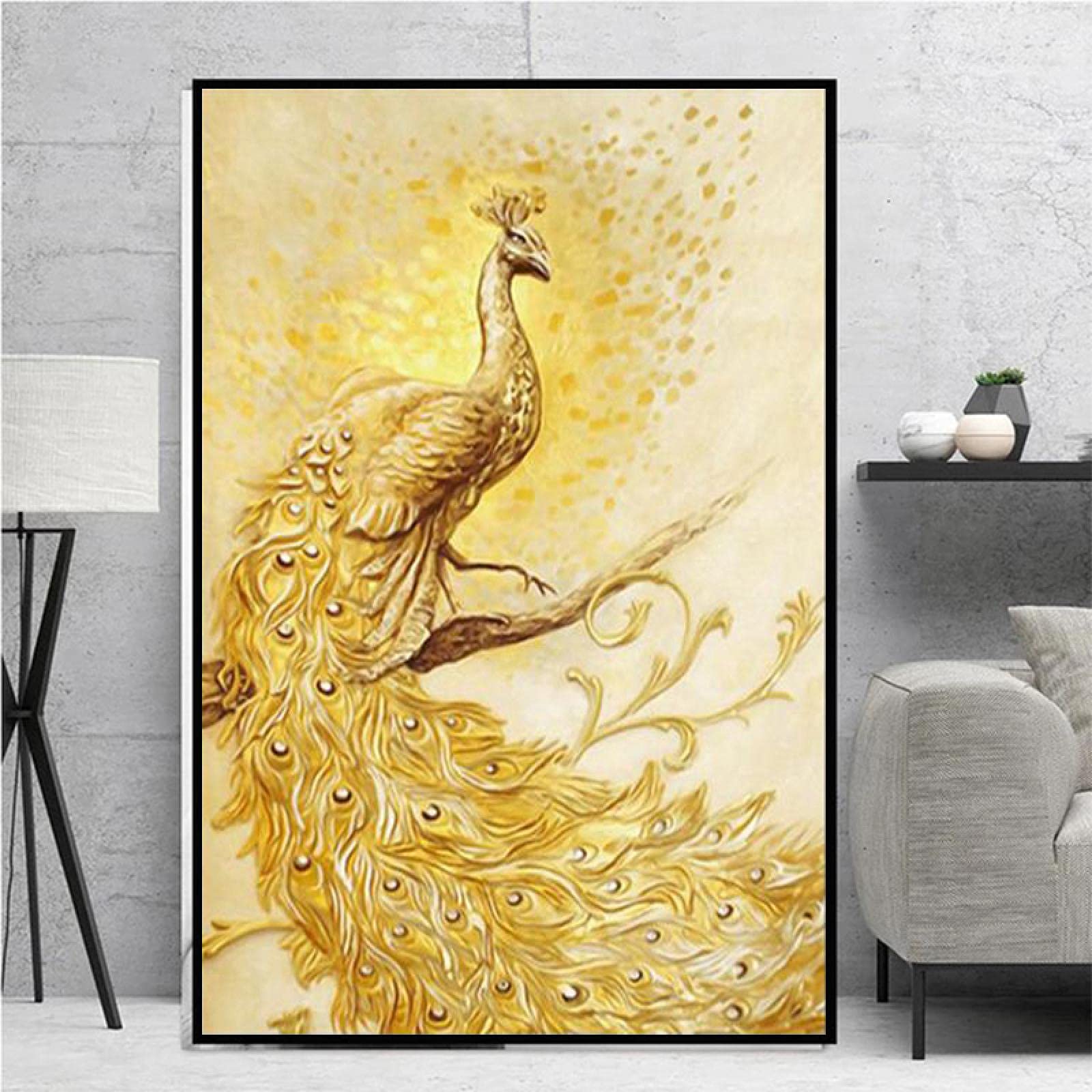 Amazon｜豪華な黄金の動物孔雀キャンバス絵画ポスターとプリント壁