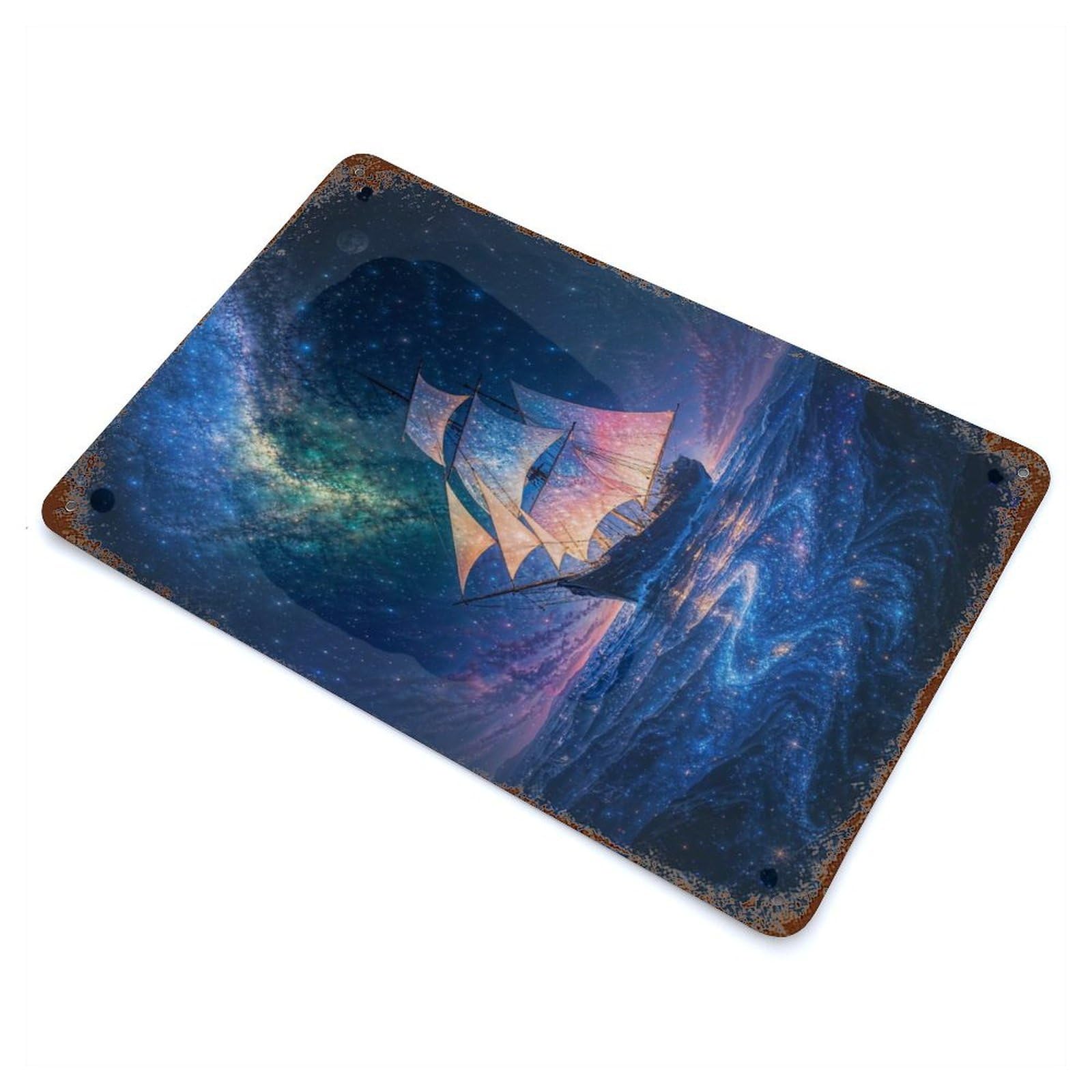 Celestial Sailboat Under Starry Night Sky Decorative Tin Sign 11.8"x7.9", for Bistro, Counter And Cafe Decor, Retro Wall Decor