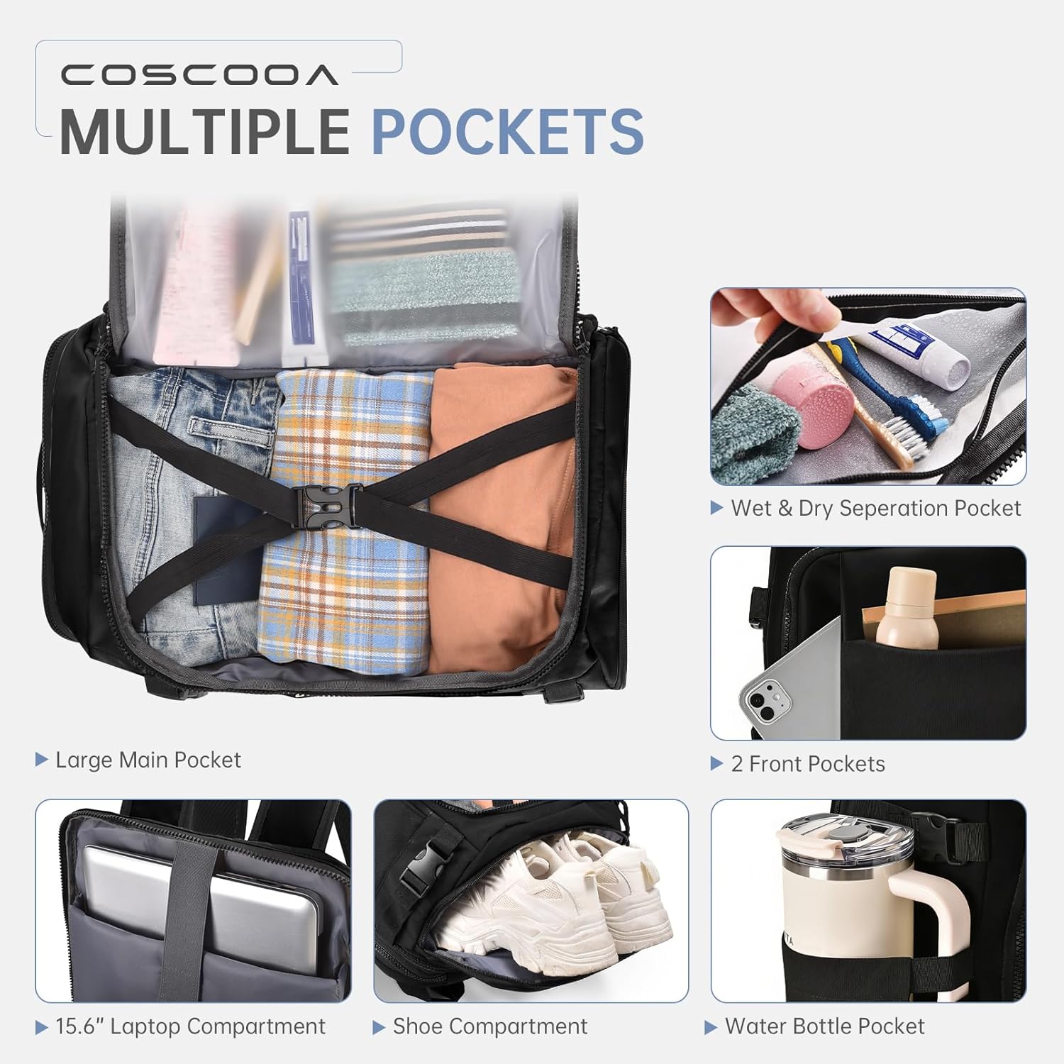 Carry On Travel Backpack 40x30x20cm Expandable 30-35L, 40x30x25cm Personal item Size Bag,15.6inch Laptop Backpack with Shoe Compartment and Wet Pockets,Mochila de Viaje