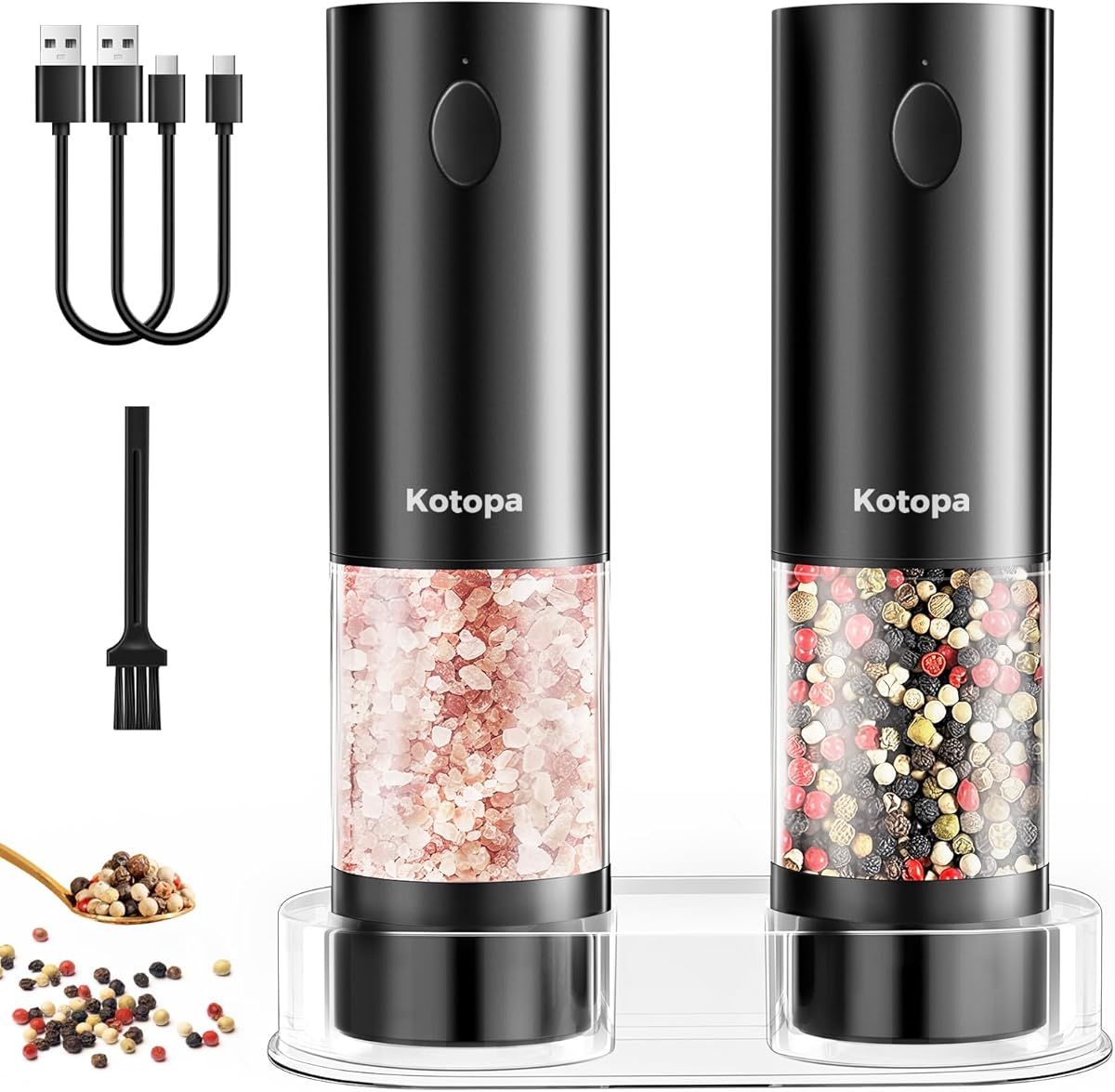 Kotopa Moulin à Sel et Poivre Électrique Rechargeable, Moulin à Poivre Électrique avec Broyeur en Céramique Réglable 5 Niveaux, Base, Éclairage LED, 100mL - Lot de 2 (Noir)