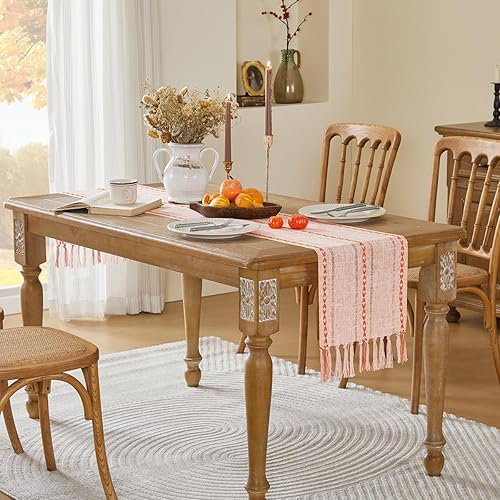 Miniatura 9 de Wracra Camino de mesa de lino rústico estilo granja, camino de mesa bordado de 90 pulgadas de largo con borlas a mano para fiestas, decoración de