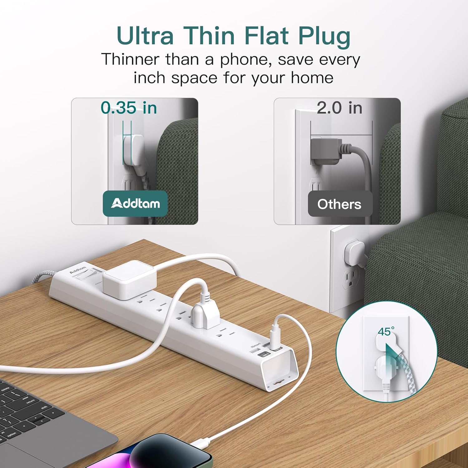 Addtam Power Strip Surge Protector - 15ft Long Extension Cord with 6 Outlets and 4 USB Ports (2 USB C), Ultra Flat Plug Wall Mount, Heavy Duty Charging Station for Home Office Dorm