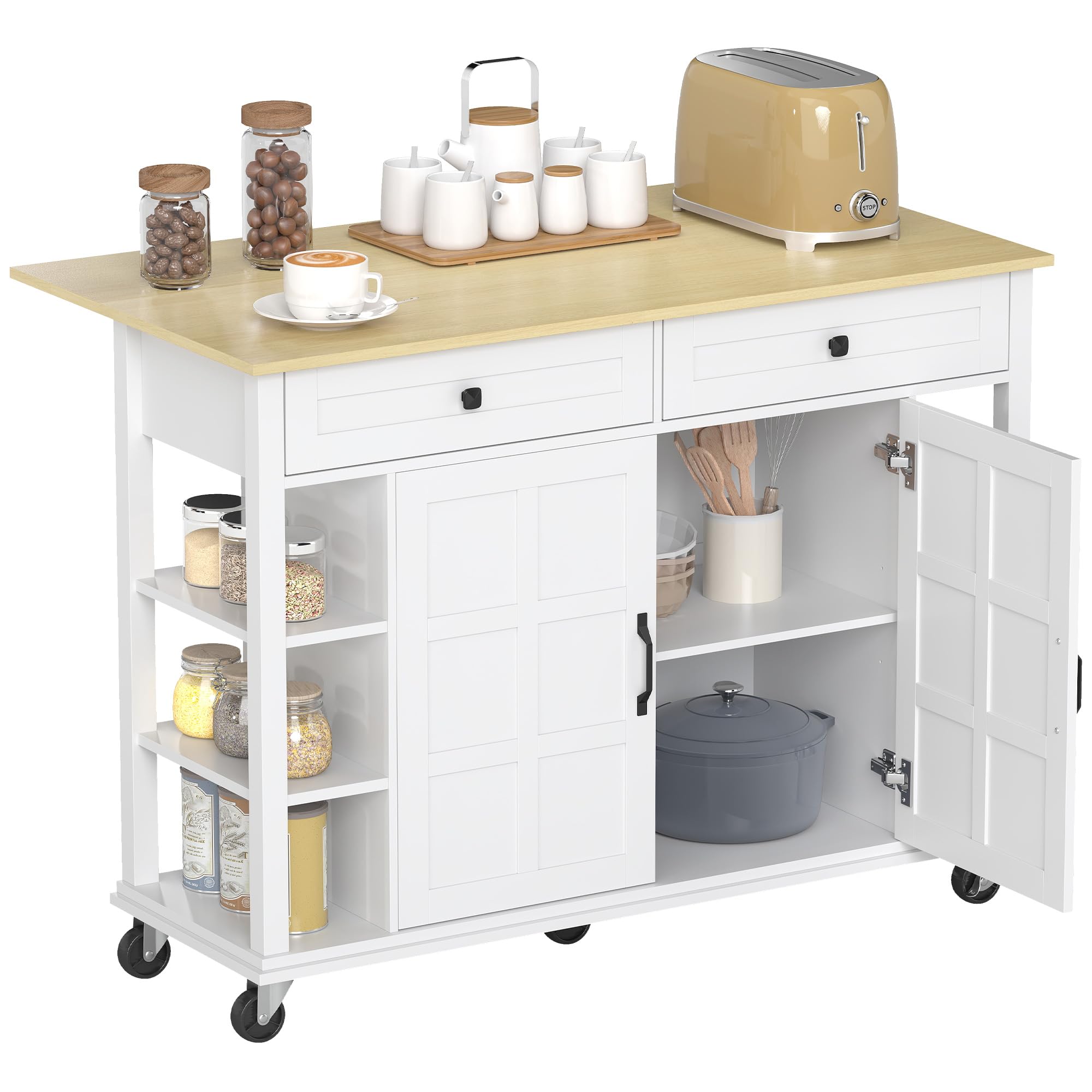 HOMCOM Isla de Cocina con Ruedas, Encimera Plegable, Carro de Cocina con 2 Puertas con Cierre Suave, 2 Cajones, 6 Estantes Abiertos, Blanco