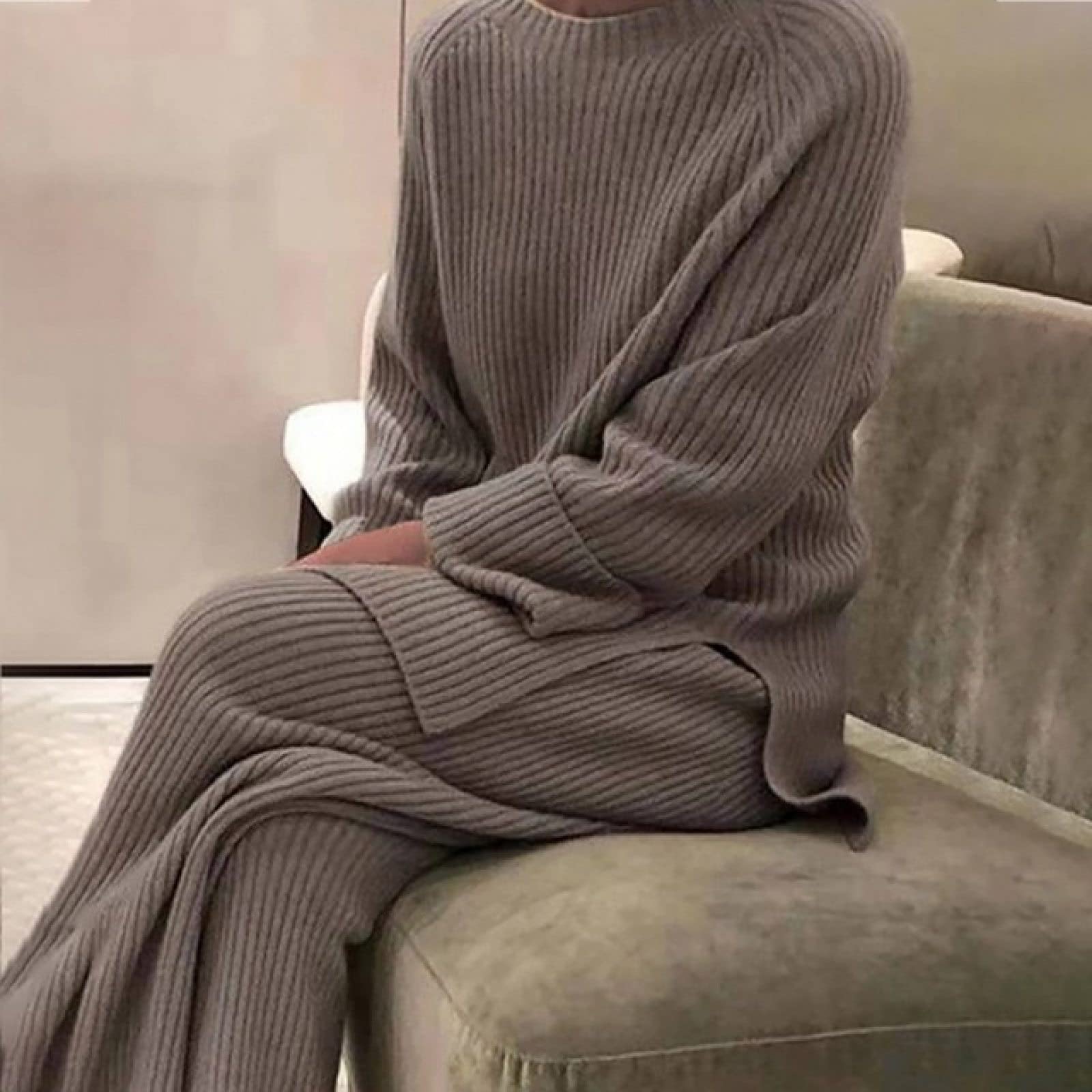 SKYROPNG Suéter De Punto Traje De Dos Piezas - Lady Wide Leg Pantalones Y Sudaderas Con Capucha Conjuntos De Punto De Invierno Mujer Color Sólido Casual Trajes De 2 Piezas Para Jerseys De Punto Conjunto